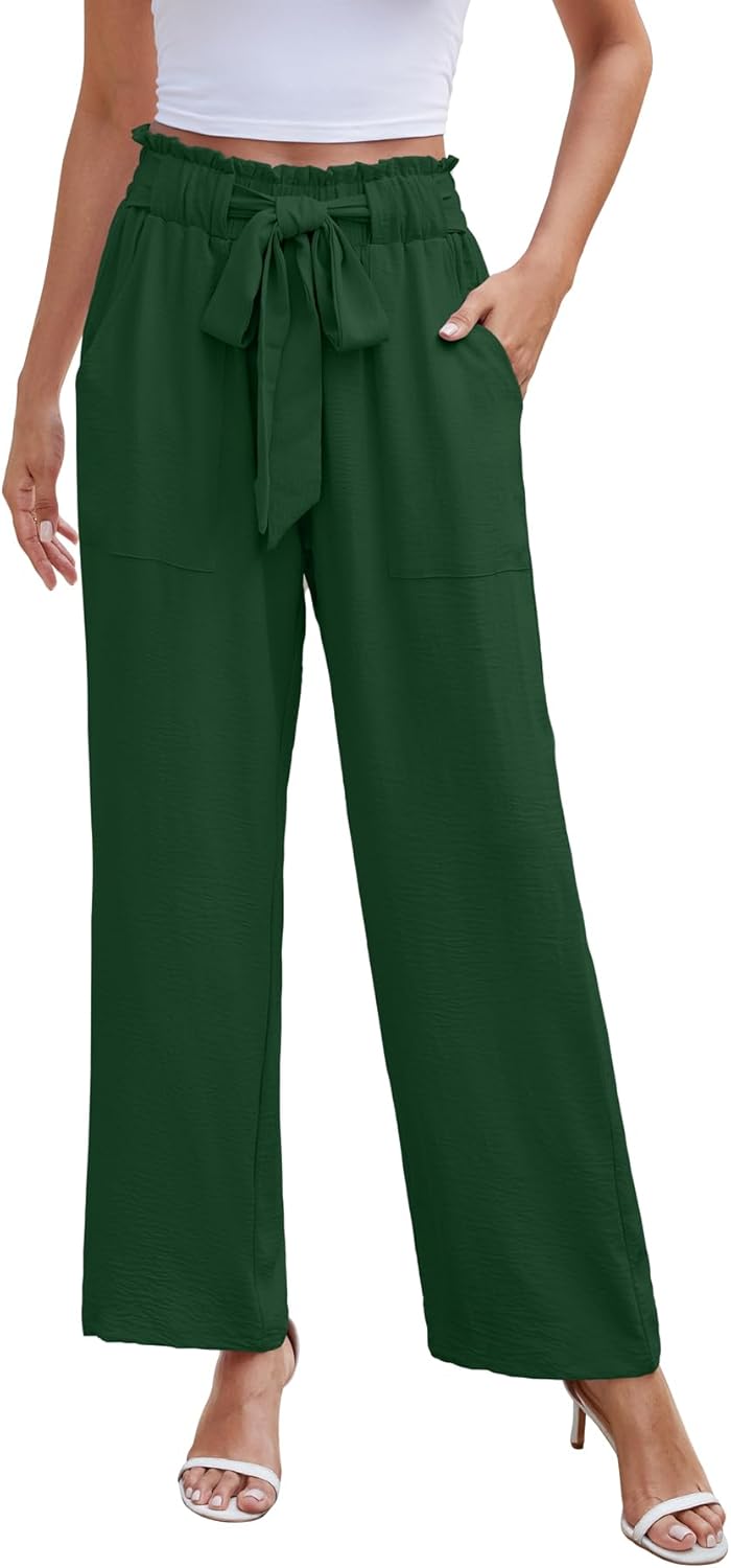 NILOUFO Women Summer Casual Wide Leg Pants High Waisted Elastic Tie Knot Boho Beach Trousers with Pockets