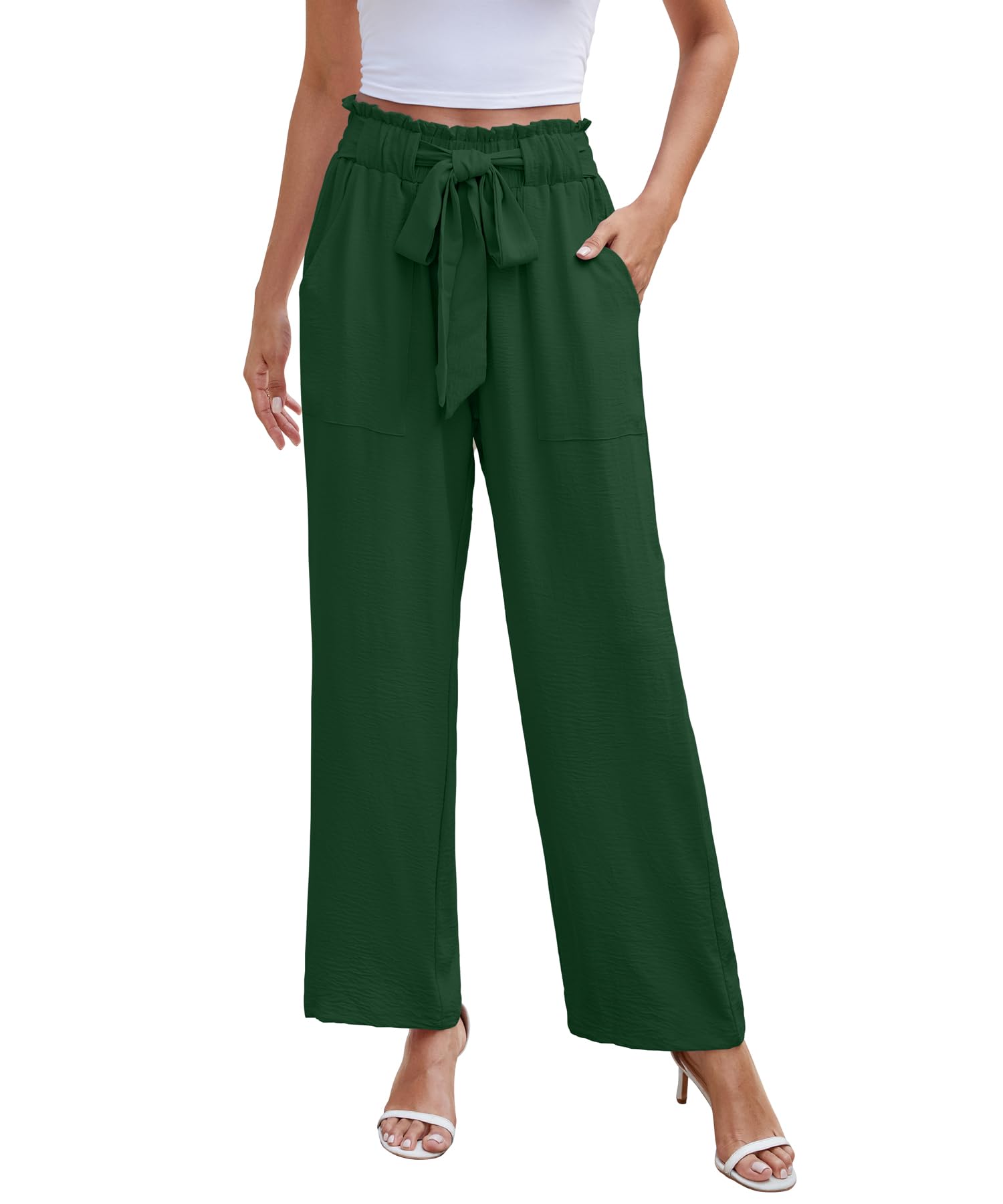 NILOUFO Women Summer Casual Wide Leg Pants High Waisted Elastic Tie Knot Boho Beach Trousers with Pockets Green