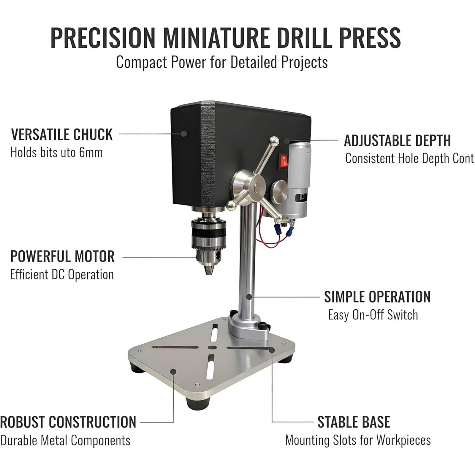Mini wiertarka stołowa 95 W, maks. 5000 obr./min, regulowany uchwyt o pojemności 6 mm, skok wrzeciona 100 mm, stabilna metalowa podstawa z gniazdami montażowymi, do biżuterii, drewna, plastiku
