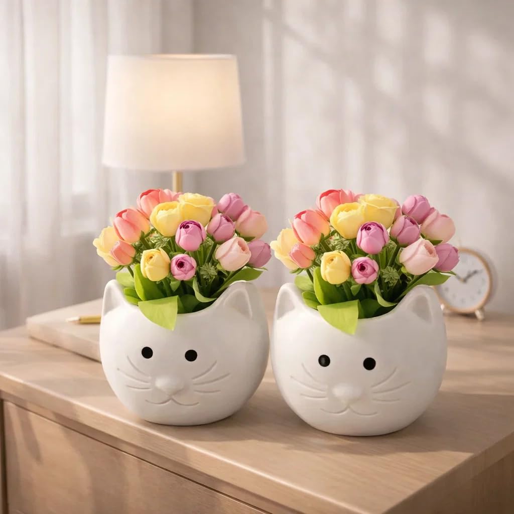 SPHINX Cat Face Ceramic Vase (Pack of 2) | Cute White Cat Planter Pots with Artificial Flowers Bunch | Decorative Table Vase for Home Decor, Desk, Living Room, Kids Room & Gift Decor