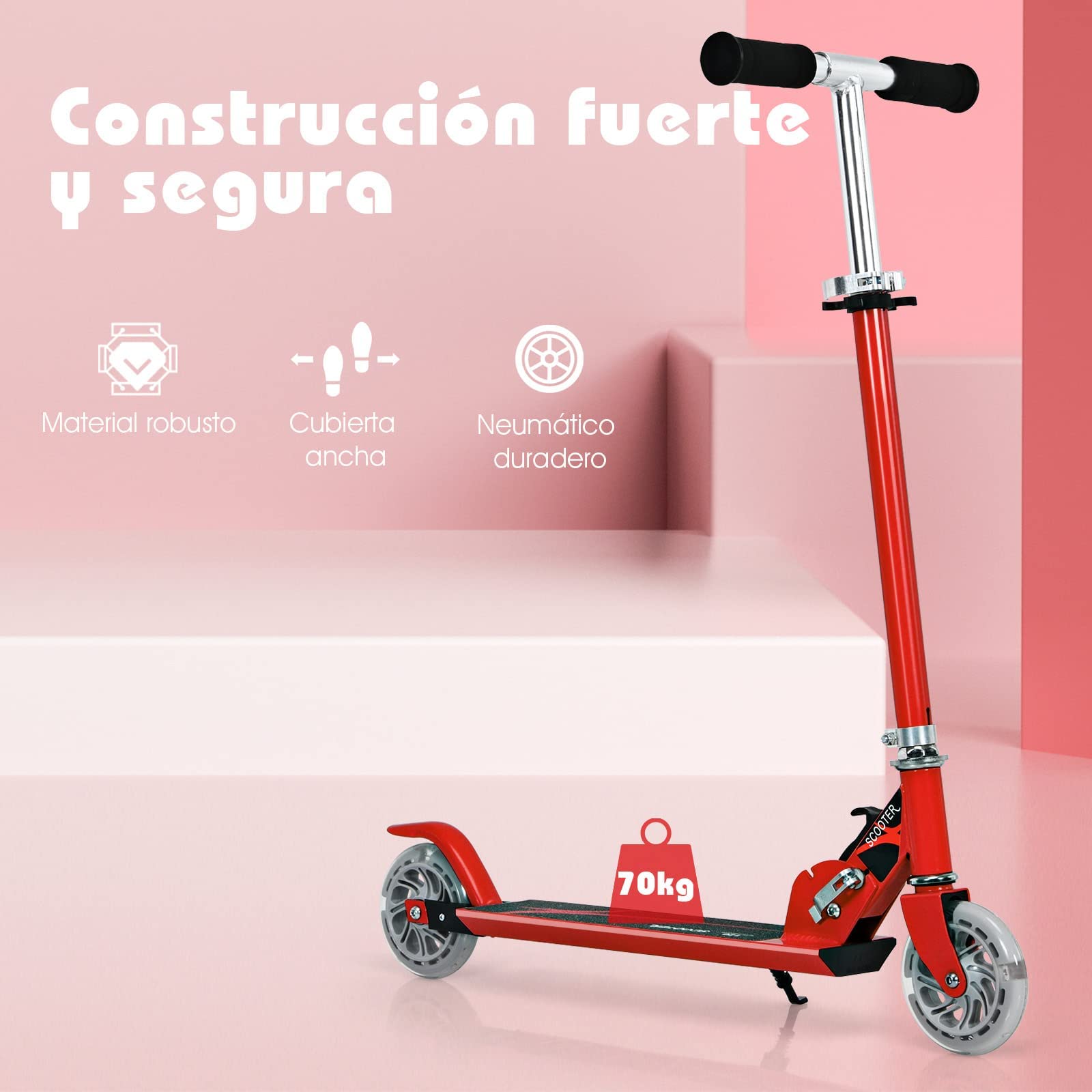 COSTWAY Patinete Niño,4 a 13 años, Scooter Roller con 2 Led Ruedas, Altura Ajustable, Patinete Plegable hasta 70kg
