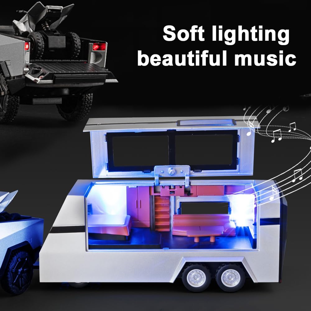 1/32 Pickup Trailer RV Model Kit, Truck and Trailer Toy with Sound Light Pull Back, Off-Road Pickup Truck Model toy with Motorcycle, Alloy Diecast Vehicles Cars Toys Gifts for Boy Girl Adult 2