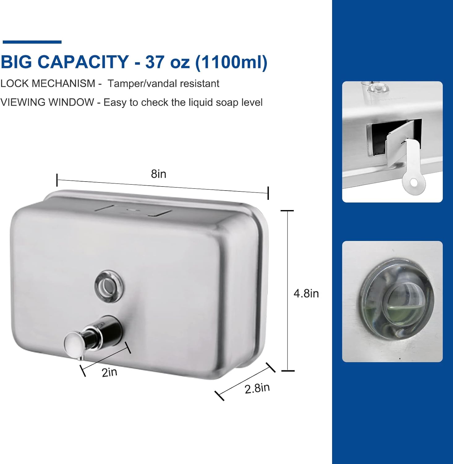 Commercial Wall Mount Stainless Steel Soap Dispenser, Rust-Proof Lining Liquid Hand Sanitizer Dispenser Bathroom 1100 ml / 37 oz. (Horizontal) - Image 5