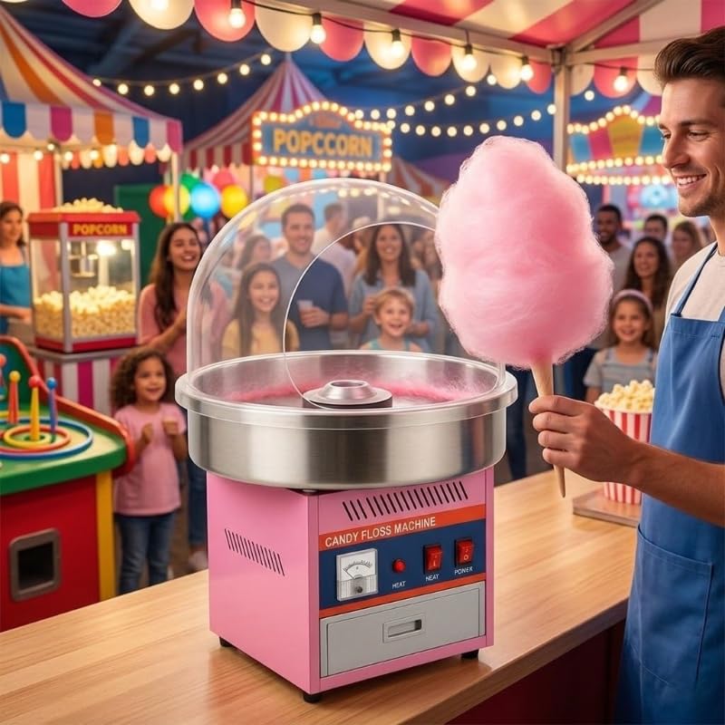 Machine à Barbe à Papa Professionnelle avec Bulle de Protection – 1,8 kg/h, Acier Inox, Cuve 50 cm – Thermostat Réglable – Idéale Événements, Fêtes, Kermesses