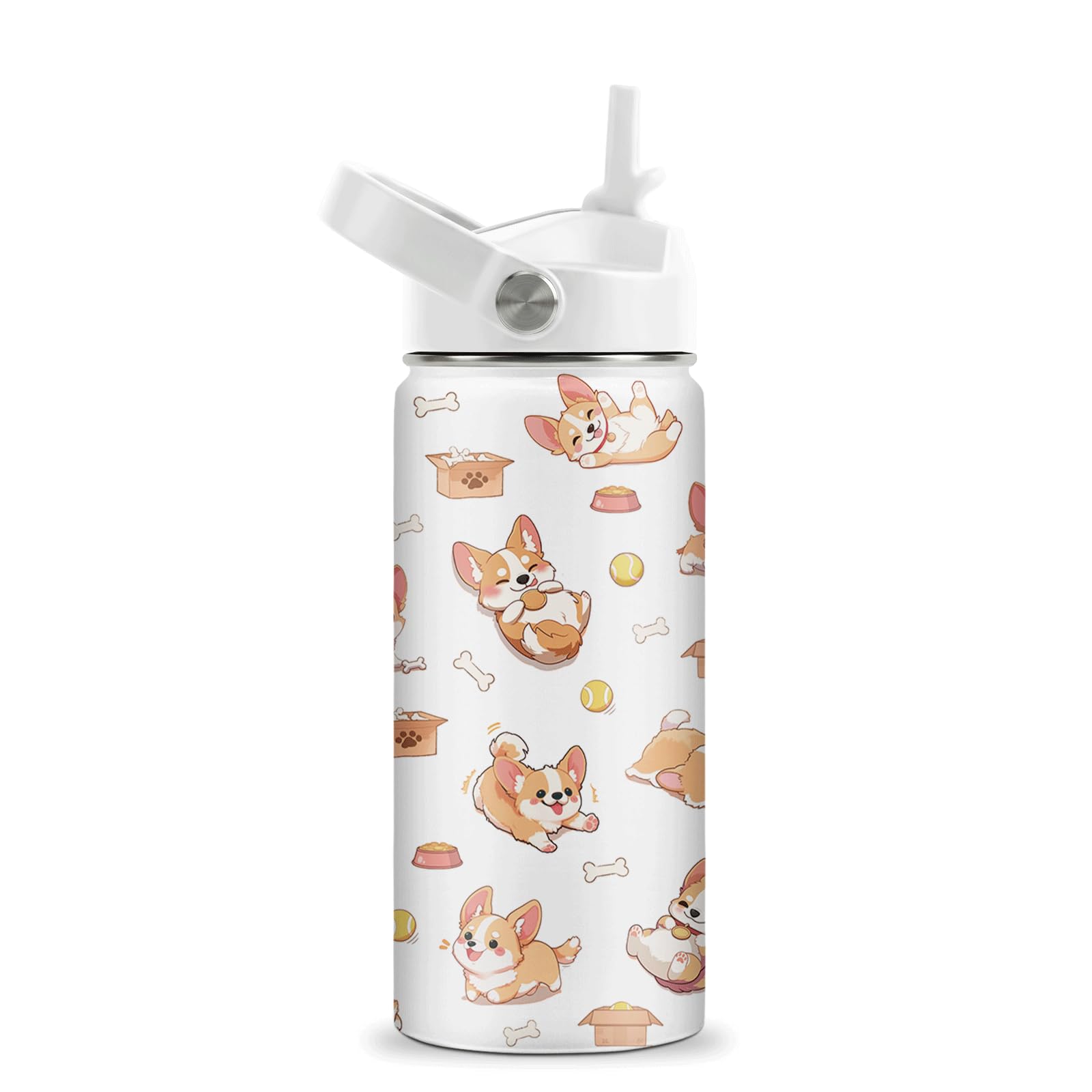 ROVOZAR Corgi Water Bottle - Corgi 16oz Stainless Steel Water Bottle with Straw - Cute Corgis Insulated Cup for Girls Boys - Dog Kids Tumbler for School, Sports, Travel