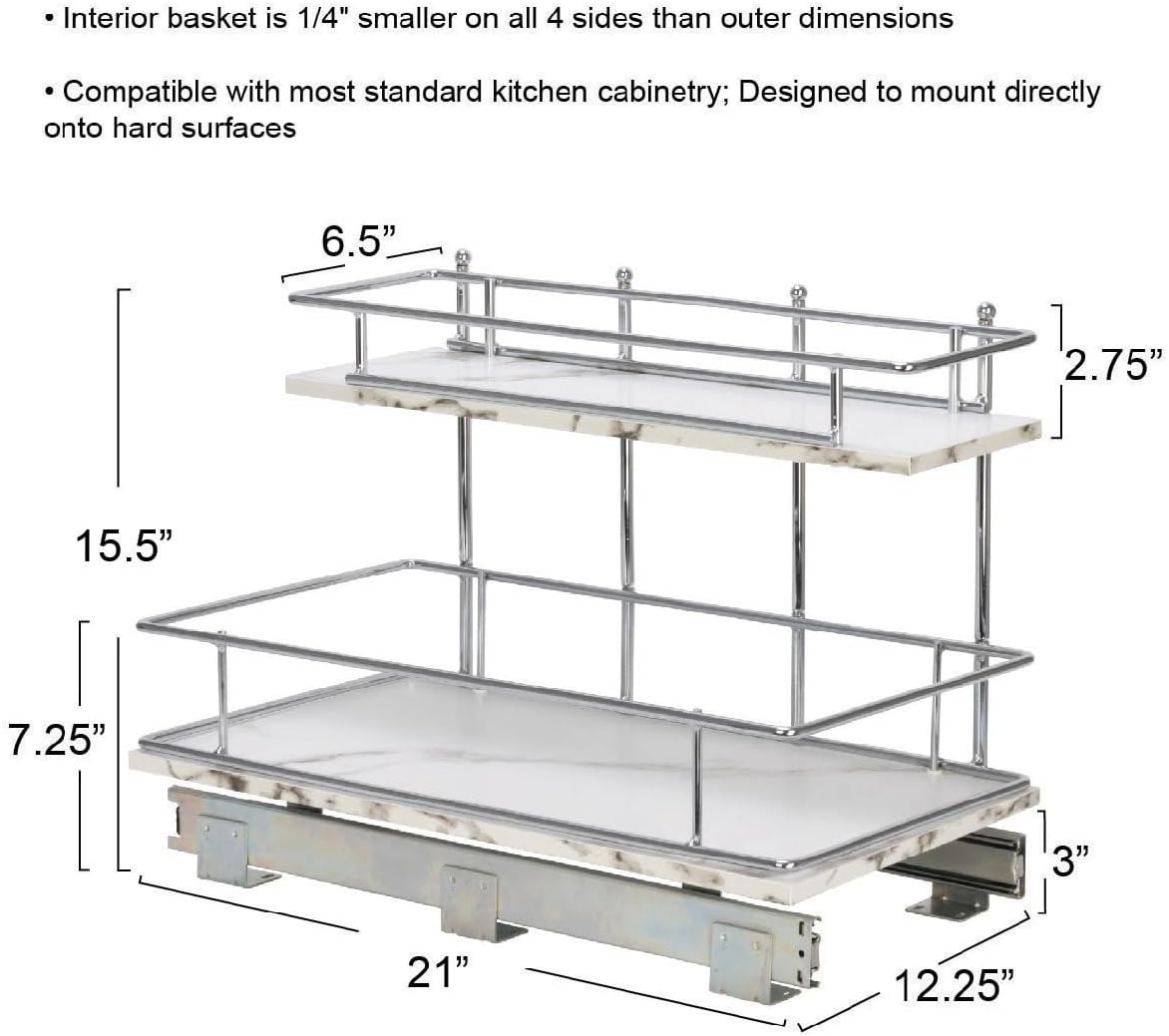 Household Essentials Glidez Chrome-Plated Steel and Faux Marble Pull-Out/Slide-Out Storage Organizer for Under Sink or Cabinet - 2-Tier Design - Fits Standard Size Cabinet or Shelf, White and Chrome