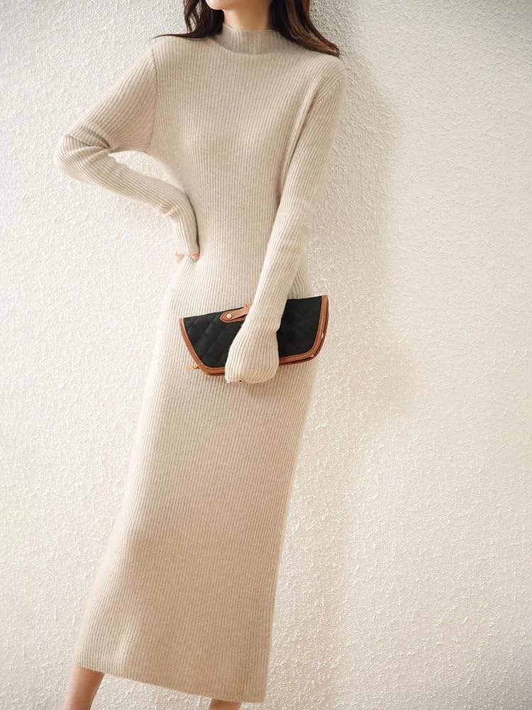 Women Knitted Dress Wool Sweater Autumn Winter Slim Knit Maxi Long Dresses Lady Pullover