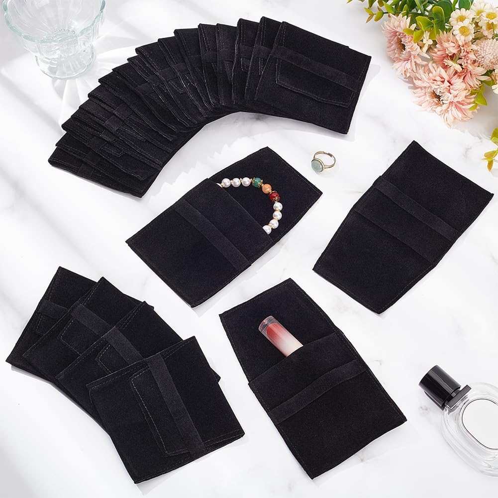 NBEADS 24 Pcs Black Microfiber Jewelry Pouch, Pocket Cosmetic Bag Velvet Jewelry Flap Pouches Folding Envelope Bag for Earrings Bracelets Necklaces Packaging, 3.78×3.54x0.1 Inch