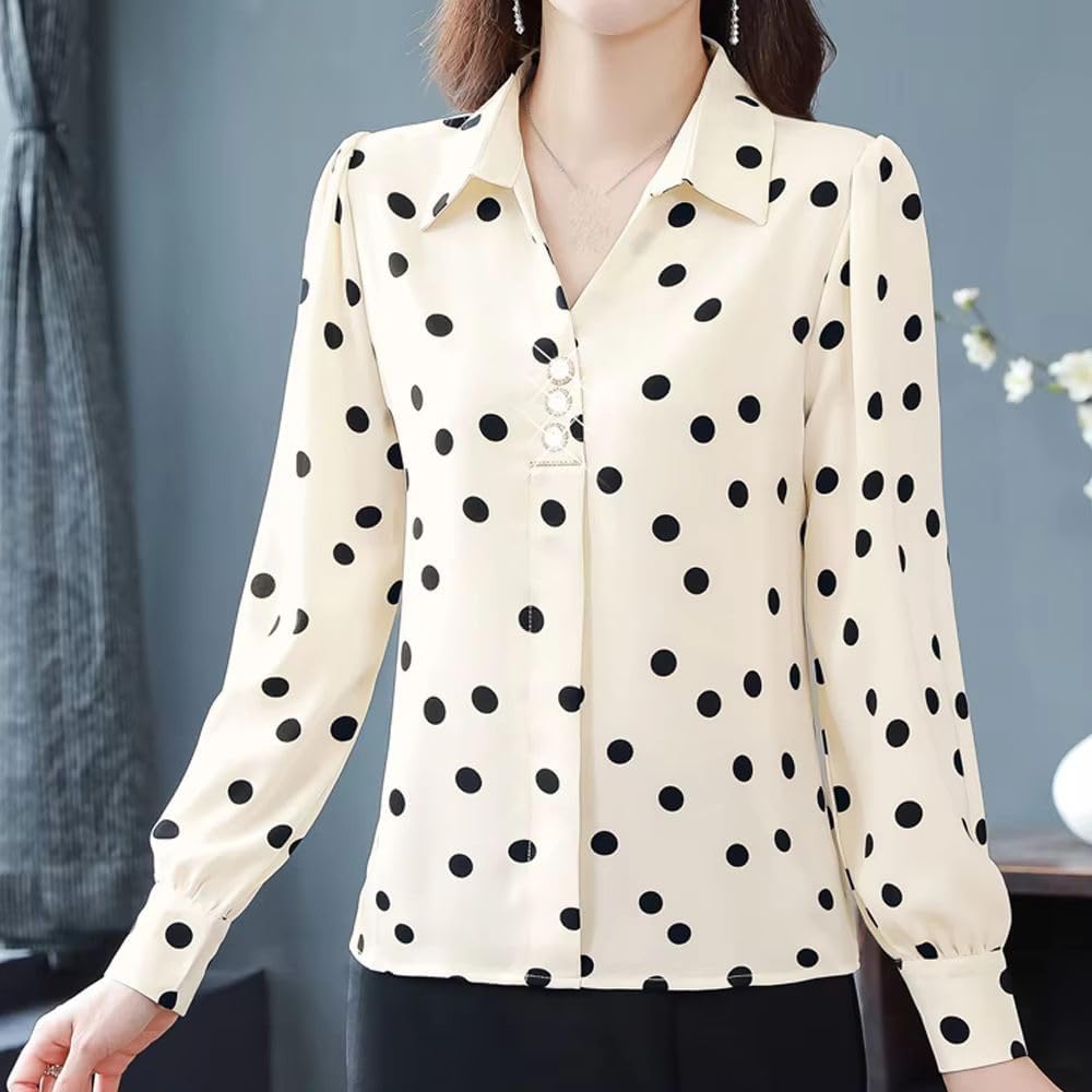 Women's Chiffon Shirt Harajuku Style V-Neck Long Sleeve Dots Blouse Office Lady Casual Top Elegant Clothing
