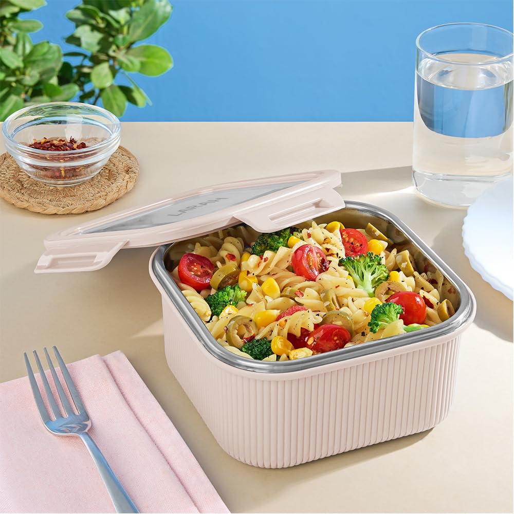 Larah by BOROSIL Freshbyte Food Storage Container with Airtight Stainless Steel Lid | Fridge Container for Lunchbox | Food Grade | Microwave Safe (Beige, 800 ml, Square)