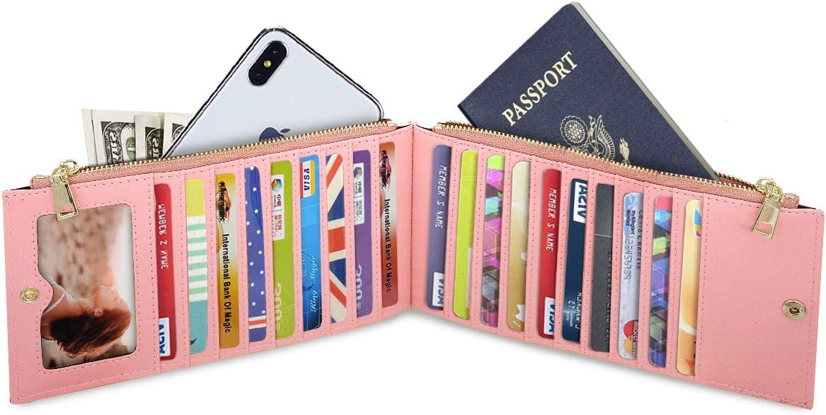 Women's RFID Blocking Glitter Leather Multi Card Organizer Bifold Pink Wallet with Zipper Pocket Rose Gold Long Wallet, mulch
