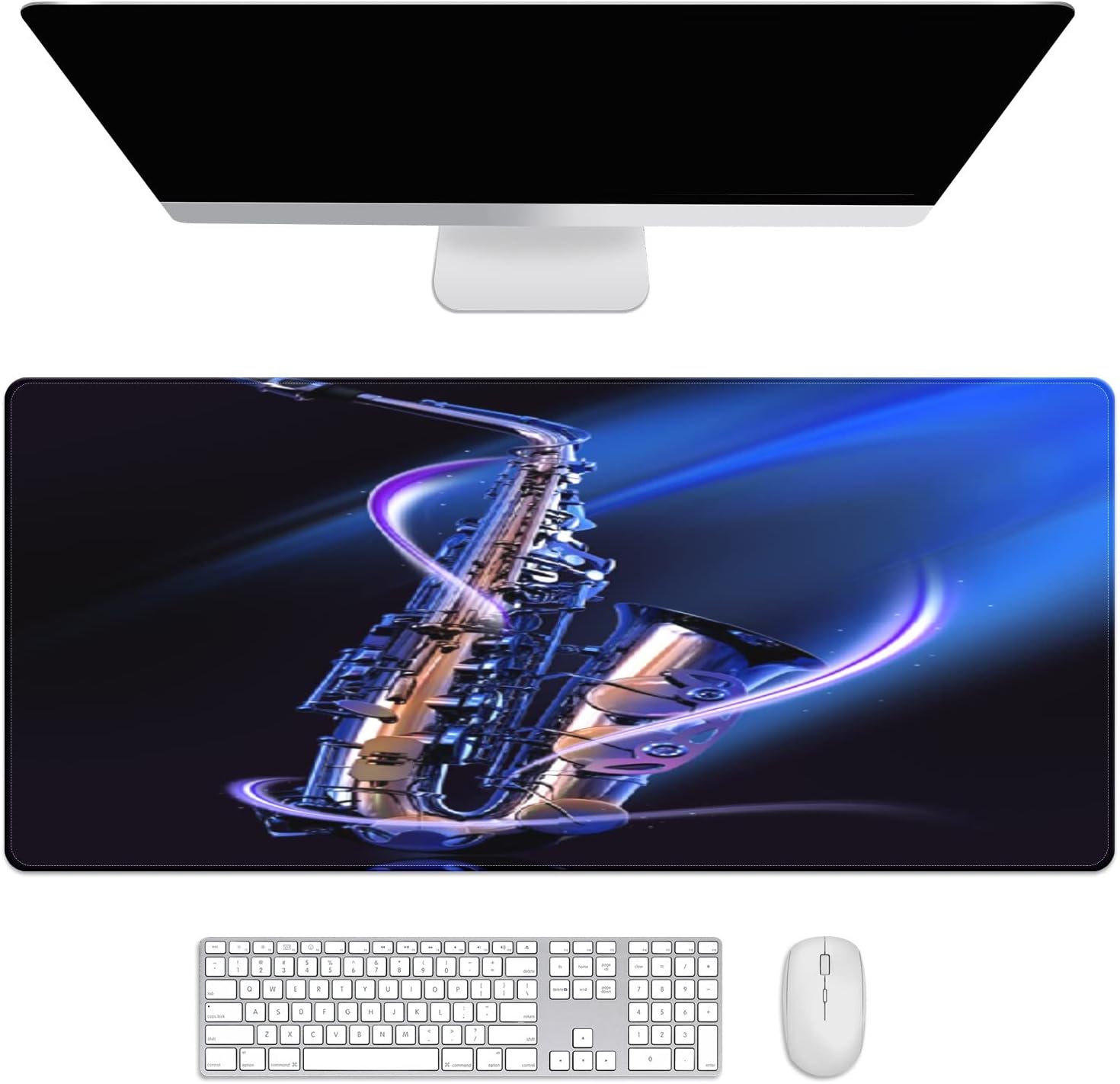 Extended Gaming Mouse Pads Musical Saxophone Large Computer Keyboard Mouse Mat Thick Desk Pad Rubber Base Stitched Edges Playmat for Gamer Home Office Decor 35.4''x15.7''