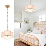VILUXY Farmhouse Chandelier White Linen Fabric 4 Lights Pendant Light Flower Round Drum Chandelier with Gold Light Fixture for Bedroom Dining Room Living Room