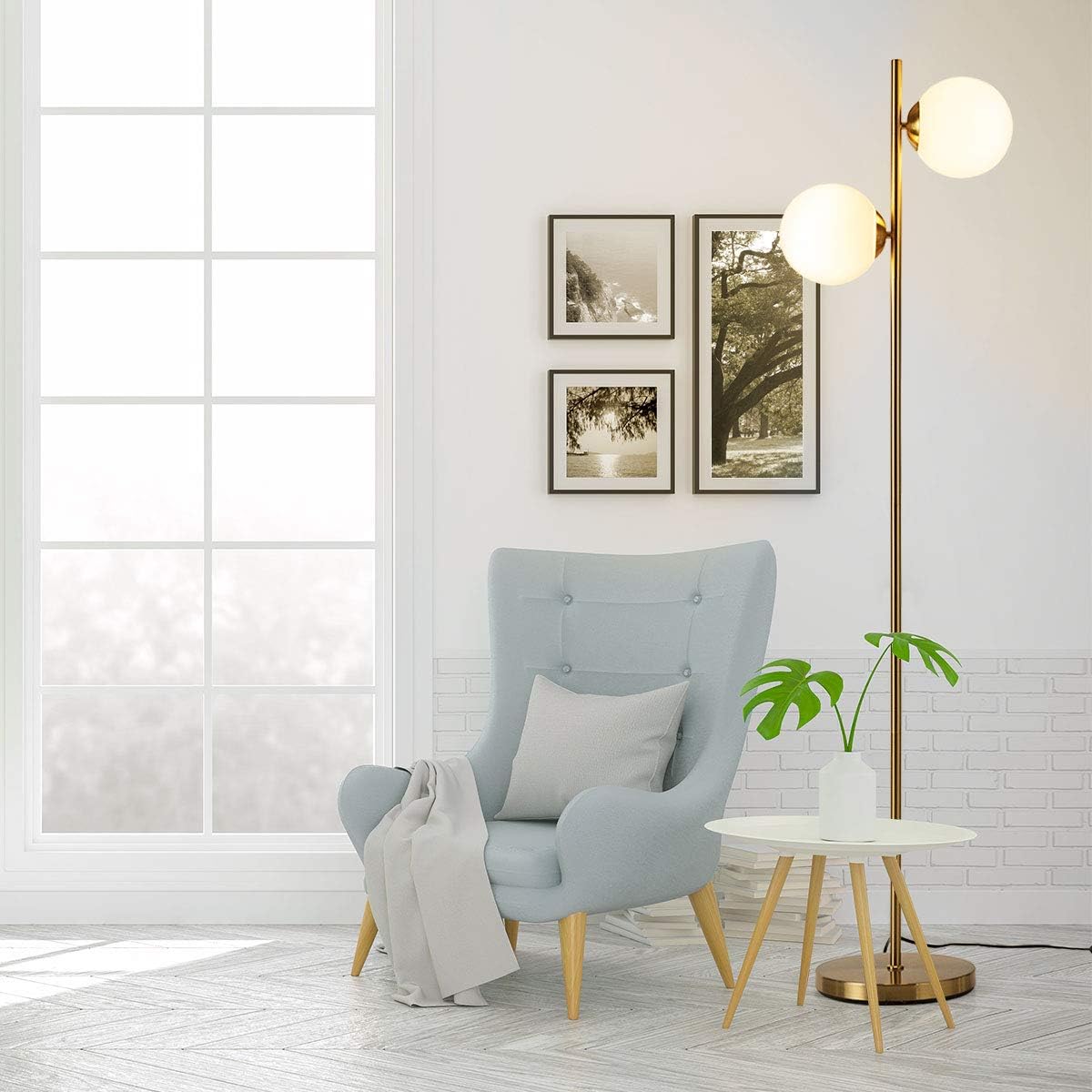 Elegant Brass Triple-Head Torchiere Floor Lamp with Glass Shades