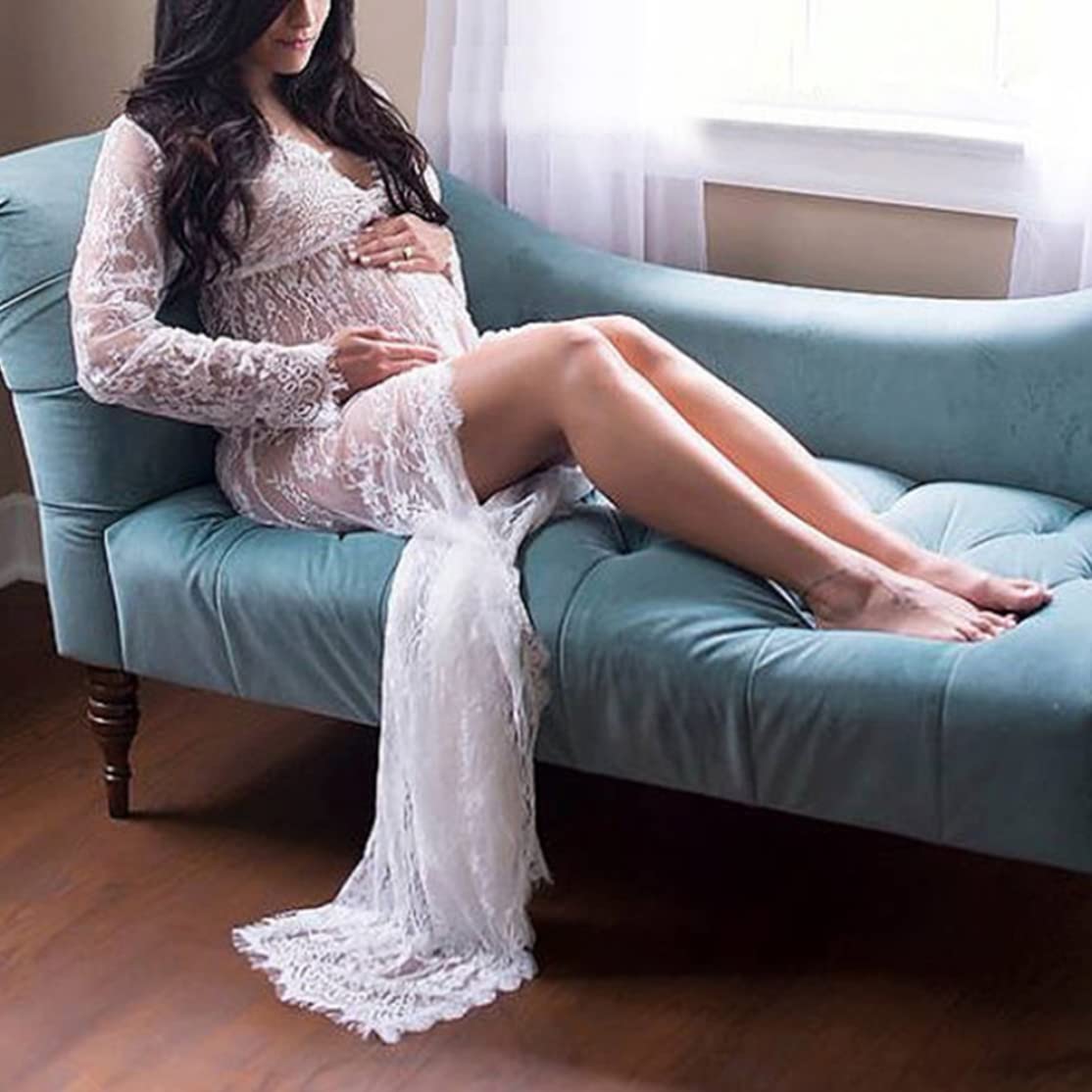 NIDONE Robe de Photographie de maternité col en V en Dentelle à Manches Longues Robe Longue maternité pour Femmes Enceintes Blanc S