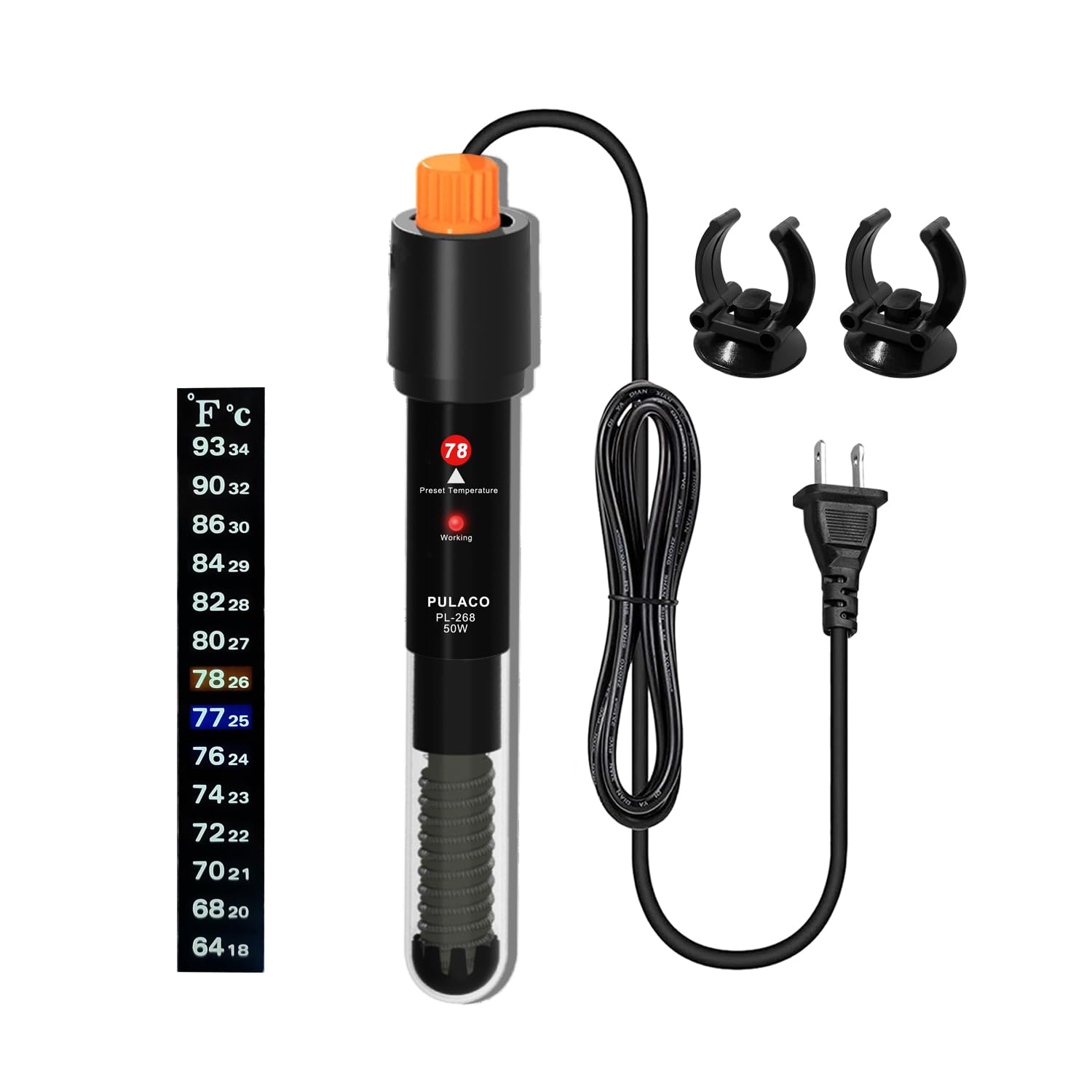 50Watt Aquarium Heater for 6-15 Gallon Fish Tank, Adjustable Submersible Heater Thermostat with Thermometer Strip and Suction Cup
