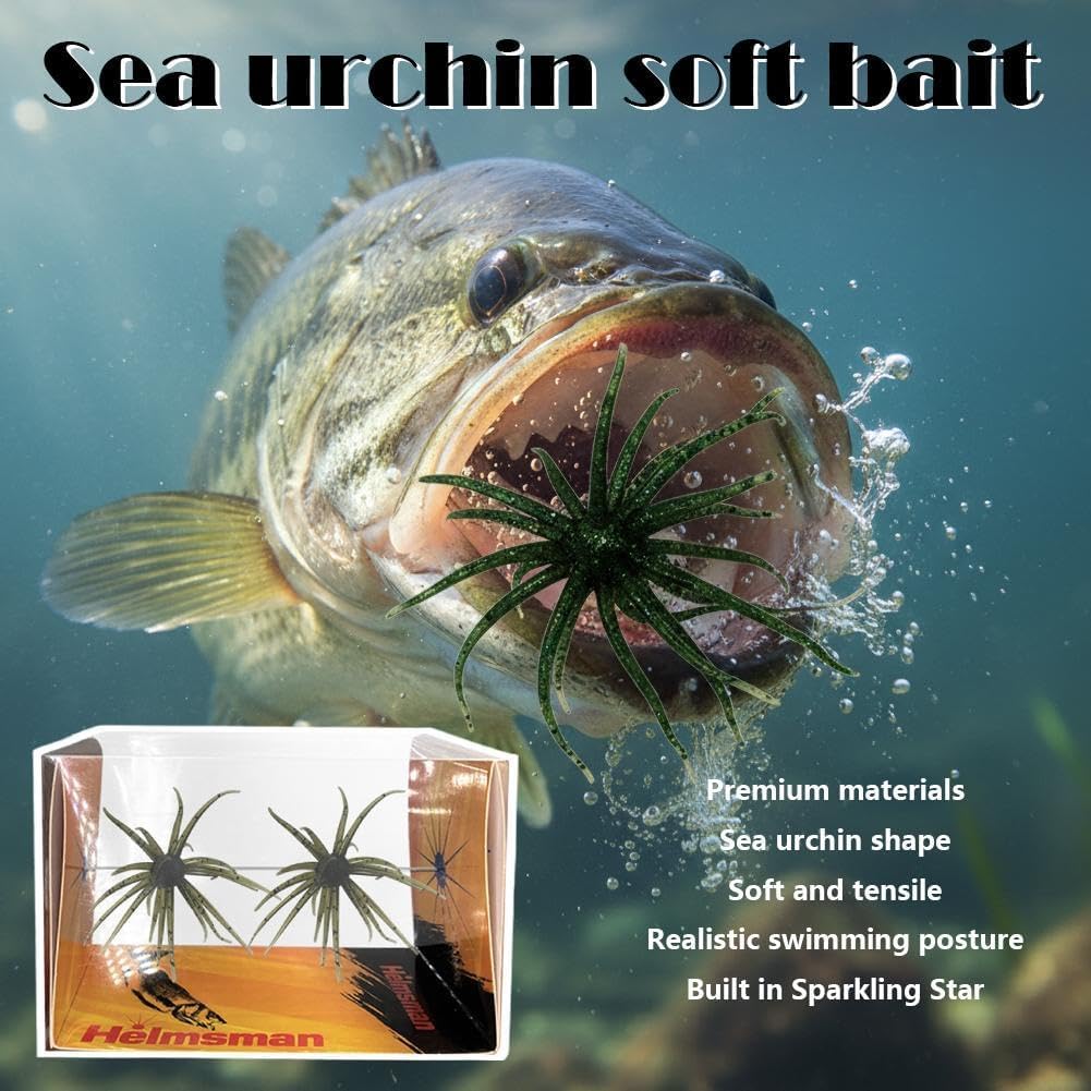 4Pcs Sea Urchin Soft Bait | Realistic Fuzzy Dice Fishing Lure for Bass & Perch | Floating TPR Swimbait with Reflective Stars | 6 Colors Artificial Worm Bait for Saltwater & Freshwater - 3