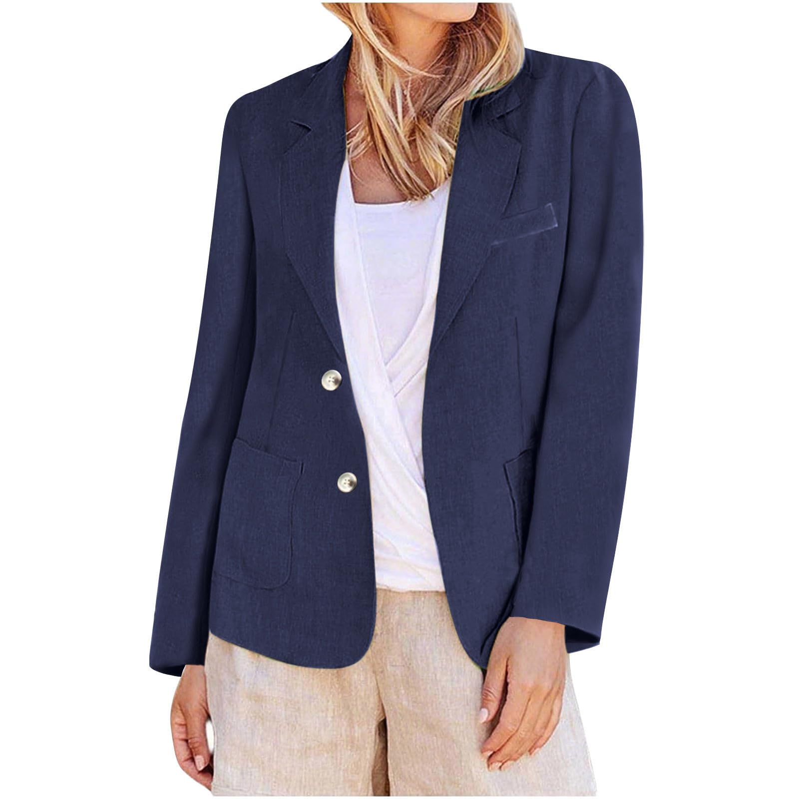 HGps8w Womens Cotton Linen Casual Blazers Lightweight Loose Open Front Long Sleeve Work Office Suit Jackets with Pockets