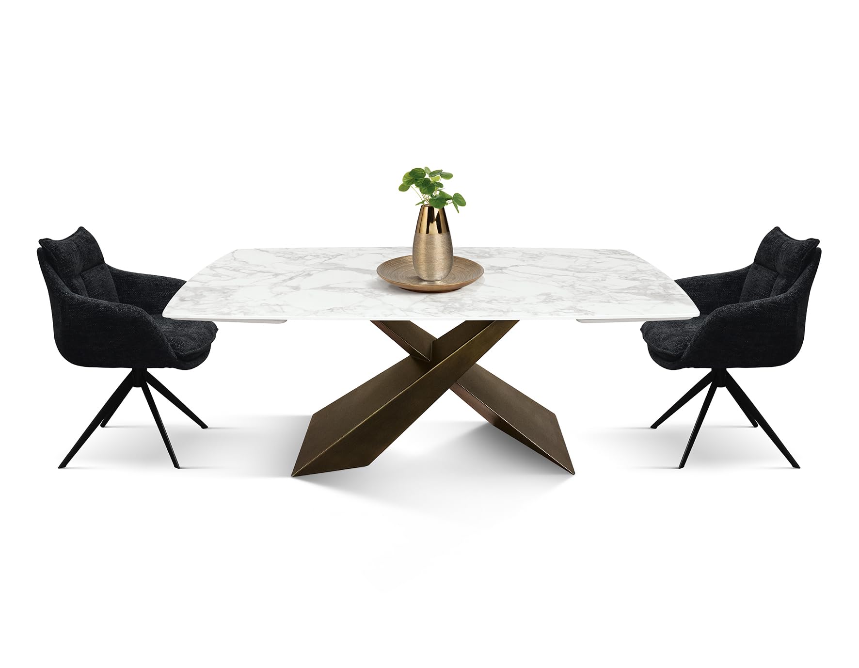 PAZZO DESIGN Table extensible Ernesto, plateau en céramique blanc arabesque, finition mate, pieds en métal bronze, cuisine, salon, céramique, 160 x 90 x 76 cm - id_2075