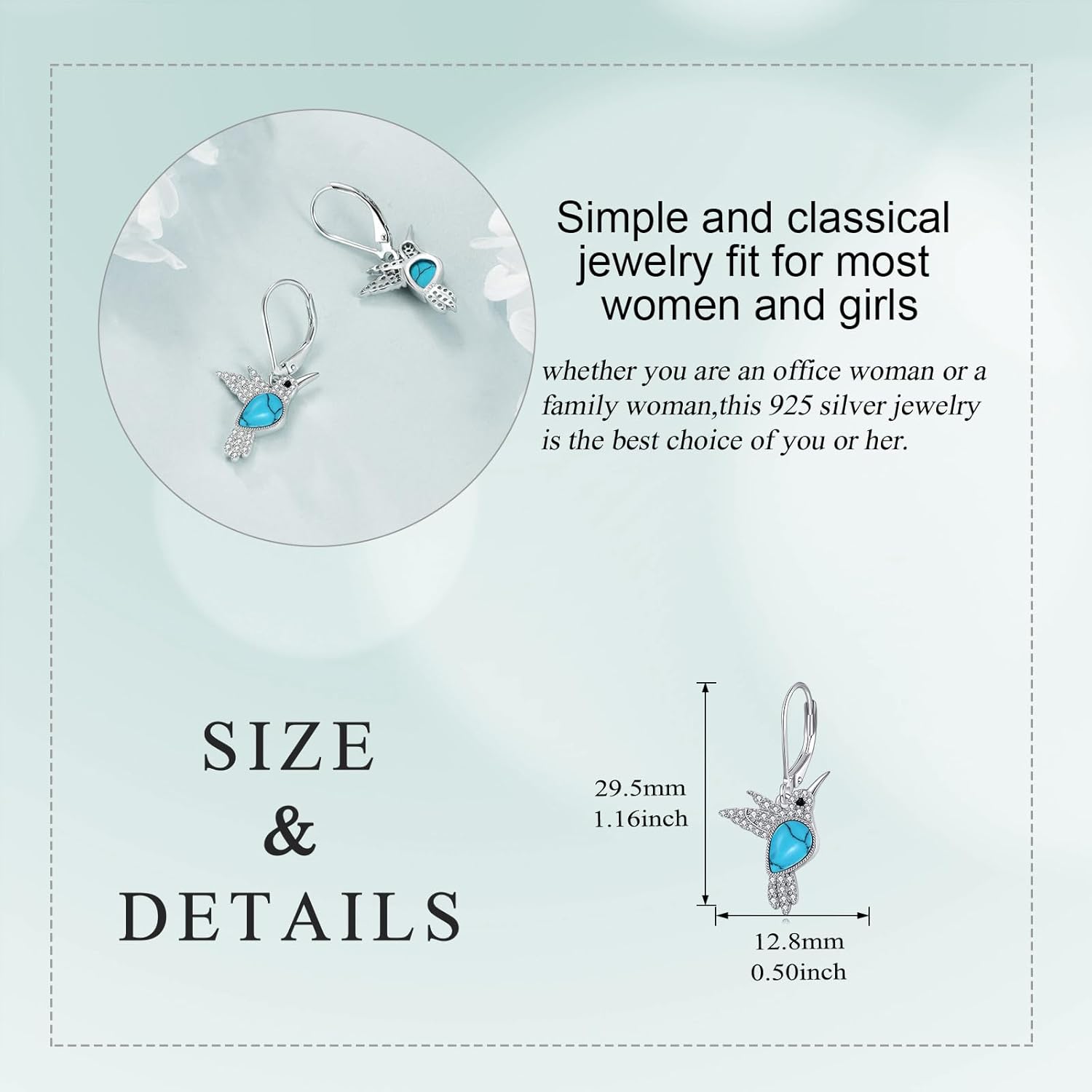 Hummingbird Earrings for Women 925 Sterling Silver Turquoise Hummingbirds Dangle Drop Earring Animal Jewelry Gifts for Women - Image 4