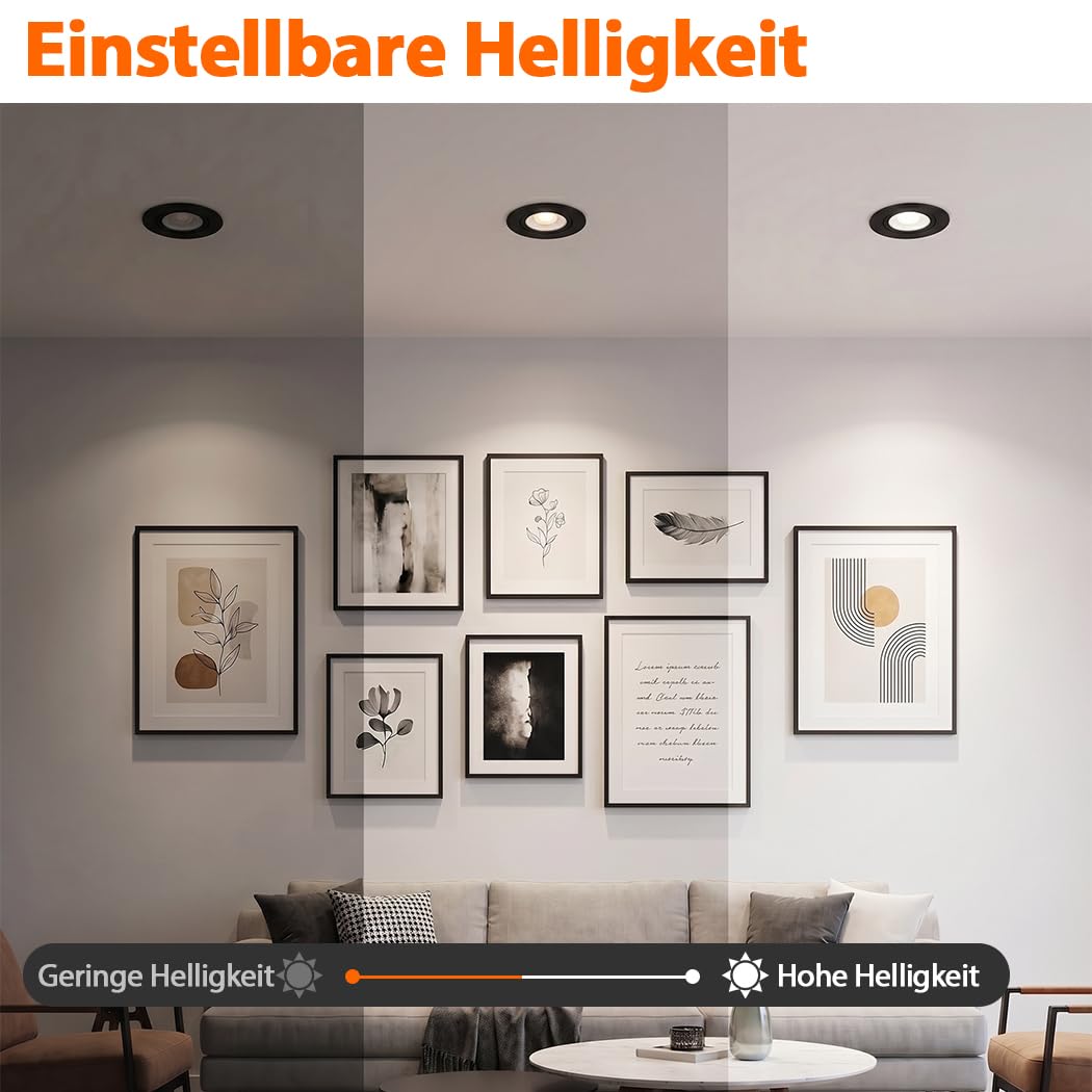 LED Einbaustrahler 230V Dimmbar 7W LED Spots 230V Verstellbarer Winkel,Farbtemperatureinstellbar Einbaustrahler LED mit GU10 Glühbirnen,IP44 Wasserdicht Deckenspots Schwarz für Küche,Bad,6er Set