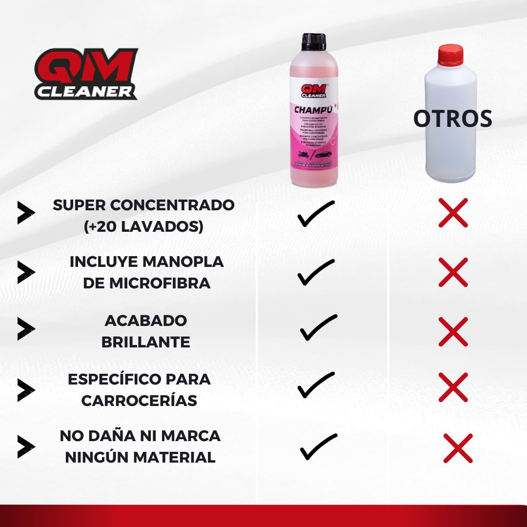 QM Cleaner Champú Espumante para Carrocería | Concentrado, para más de 20 lavados, con Acabado Brillante - Incluye 500 ml + Manopla Extra