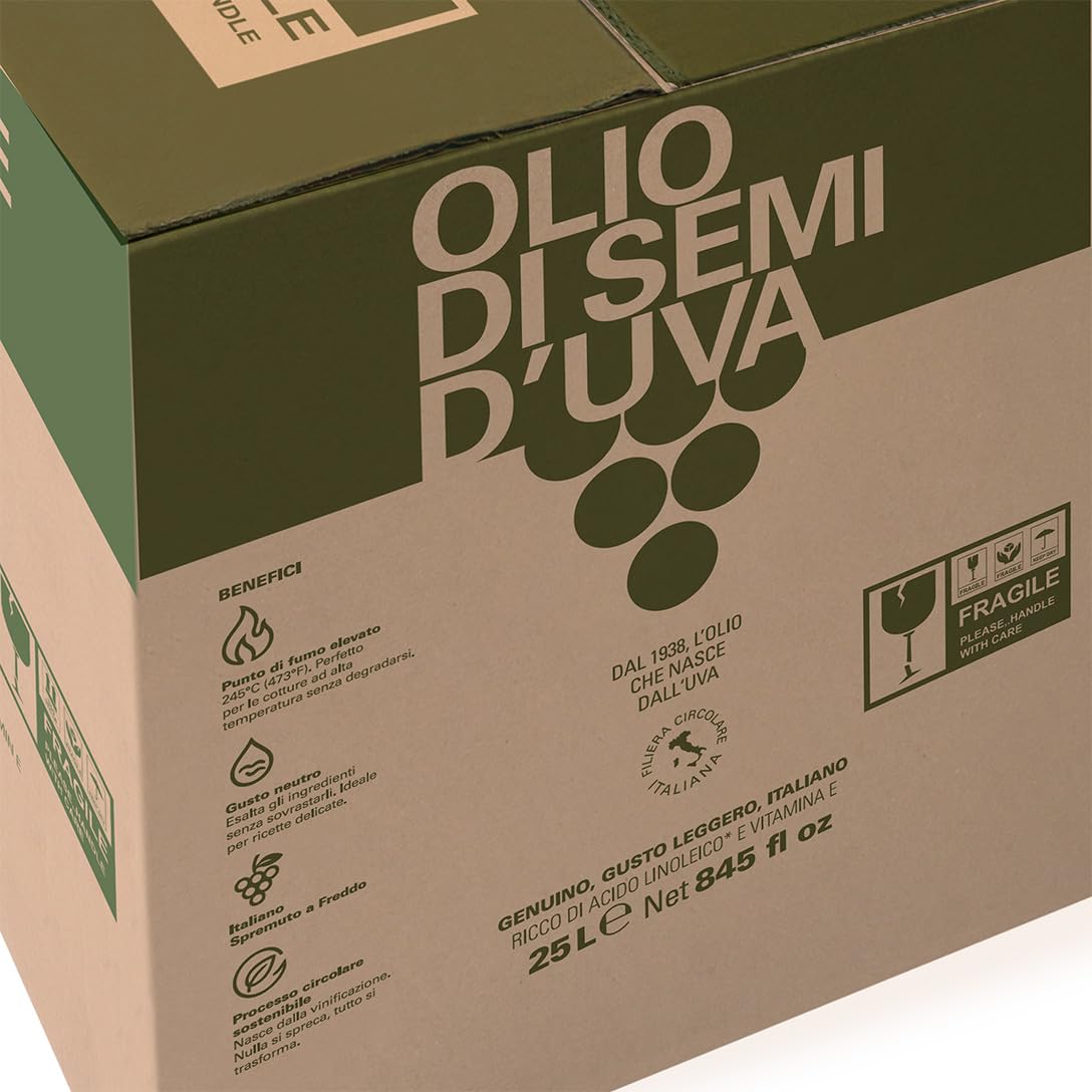PIAVE 1938 – Traubenkernöl 25L – Kaltgepresstes Italienisches Traubenkernöl – Hoher Rauchpunkt 245°C – Reich an Omega-6 und Vitamin E – Pflanzliches Profiöl für Frittieren, Backen, Kochen