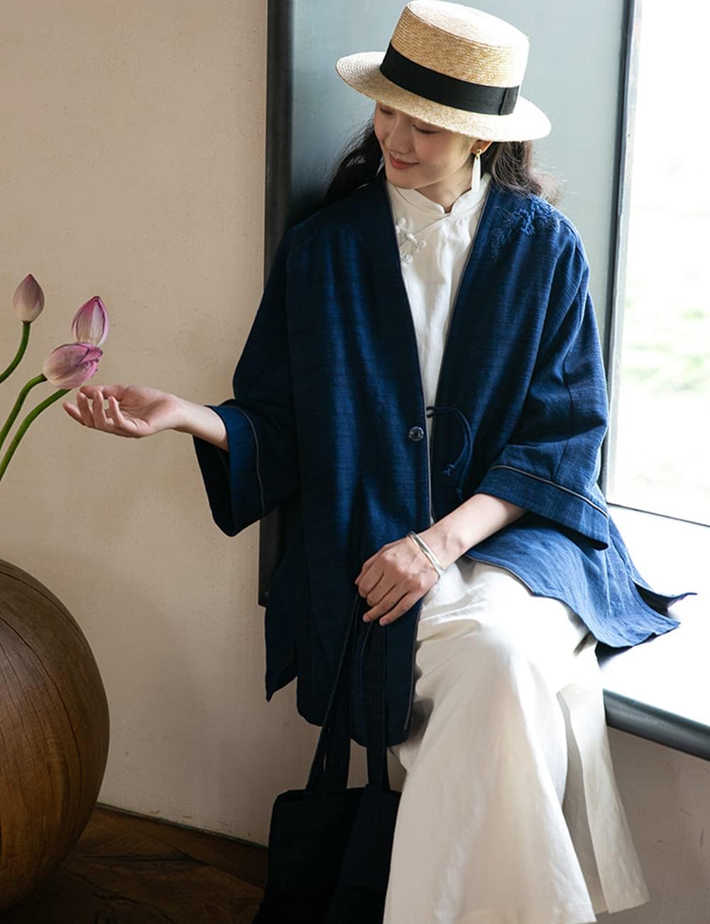 NFYM Women's Summer Lightweight Linen Kimono Jacket Long Sleeve Open Front Unique Button Embroidered Striped Loose Outerwear