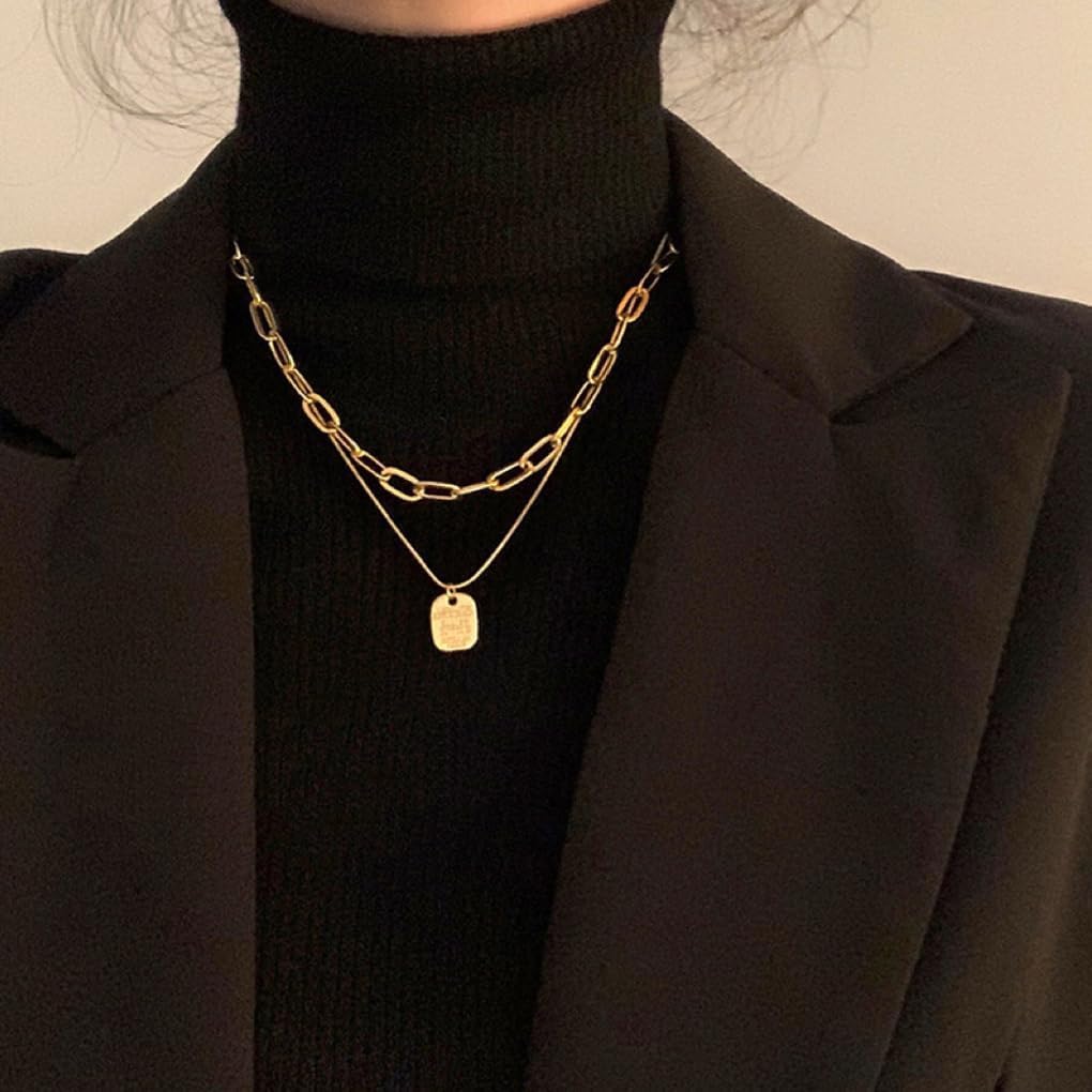 Chunky Gold Layered Necklaces for Women Vintage Square Pendant Long Necklace Paperclip Chain Stacked Choker Necklaces Beautiful Festival Jewelry - Image 3