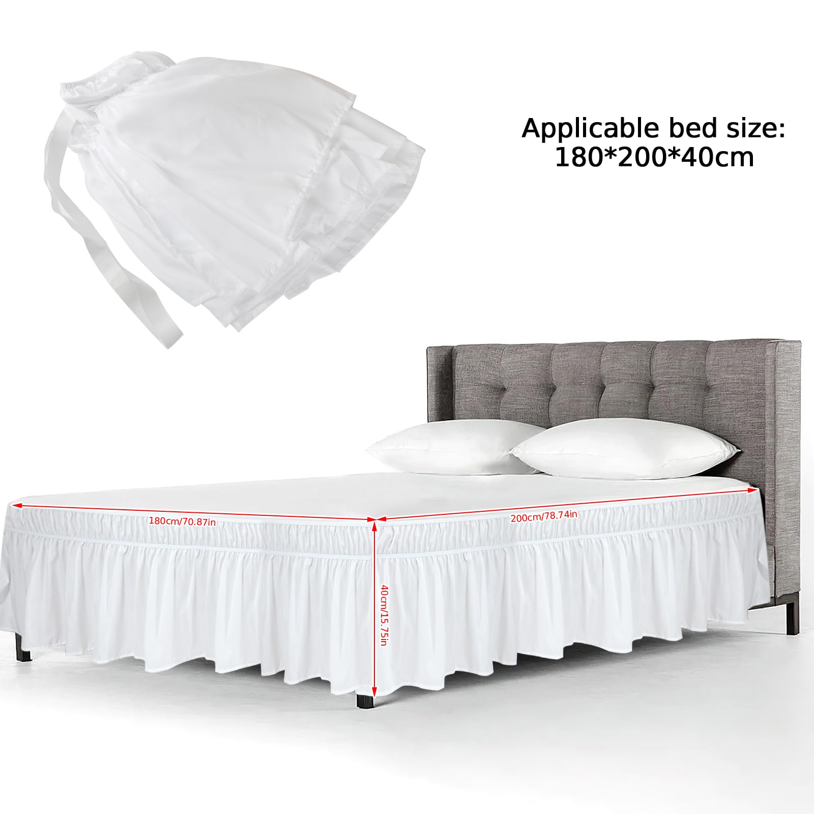 Gonna da letto con volant, 150 x 200/180 x 200, biancheria da letto con doppio elastico, Ruffled Solid Bed Rock, per letto alto 40 cm, gonna bianca (180 x 200 cm)