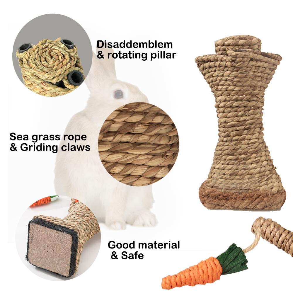 Bunny Chew Toys, Kaninchen Kratzen Klettern Spaß Baum mit Karottenform Spielzeug, Handgewebtes Seegras Kauspielzeug für Kaninchen Katzen Hamster Rennmäuse Zähne Schleifen