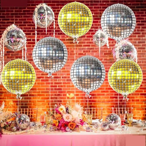 Image of 6 pcs 22Inch Disco Ball Ballons, 4D Large Foil Balloons for 70s Disco Dance Birthday Graduation New Year (Silver /Gold Disco Ball 6pcs)