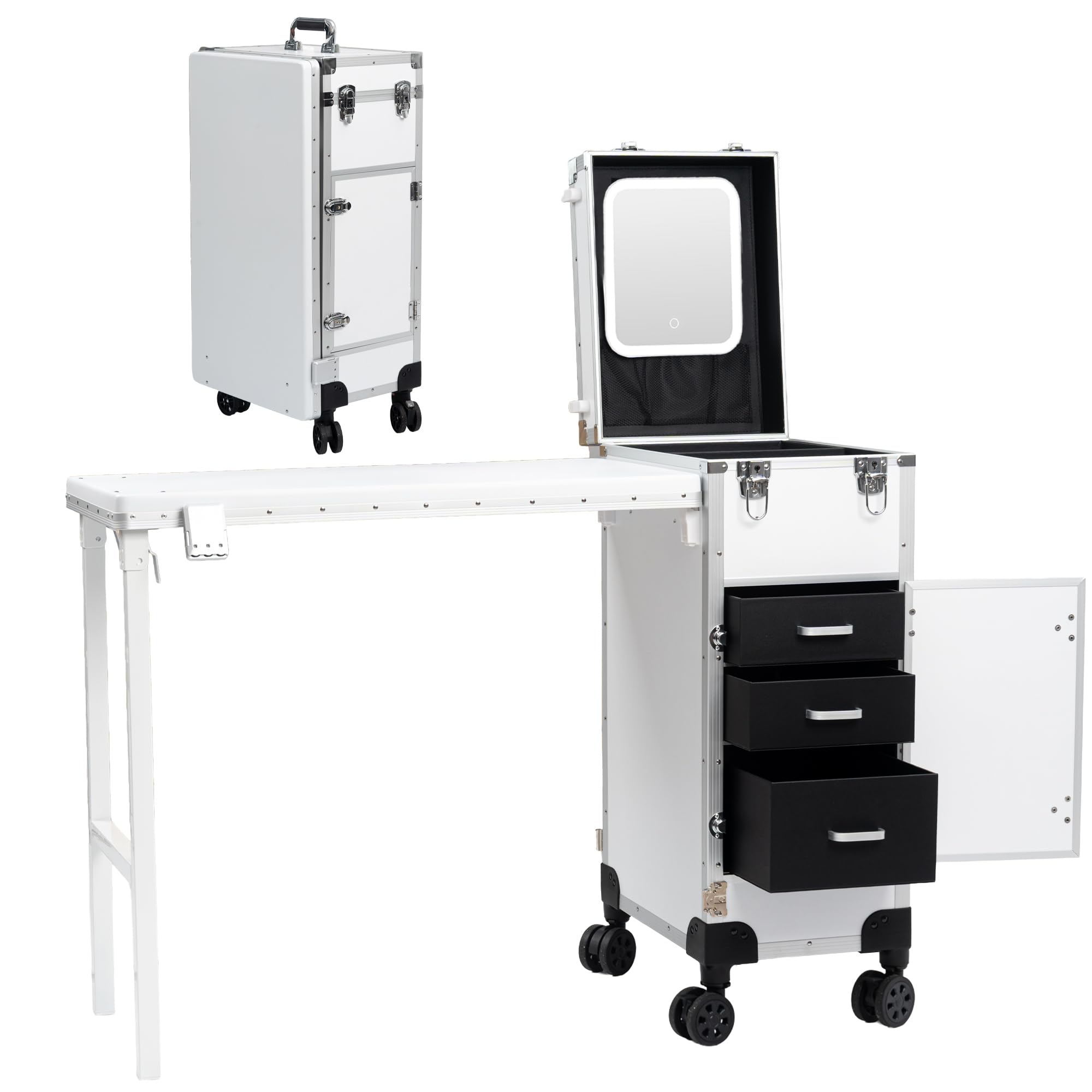 Portable Manicure Table with 3 Drawers, Rolling Foldable Nail Desk with Detachable Mirror, Professional Makeup Train Case with Wheels and TSA Lock for Nail Techs &amp; Salon Use