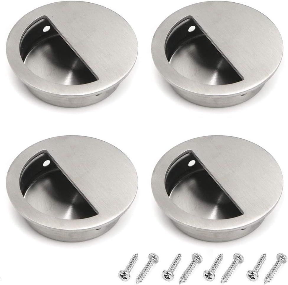 4 Packs Recessed Sliding Pull Door Handles, 60mm Stainless Steel Flush Pull Handles Round Finger Pulls Hidden Cabinet Handles with Concealed Screws