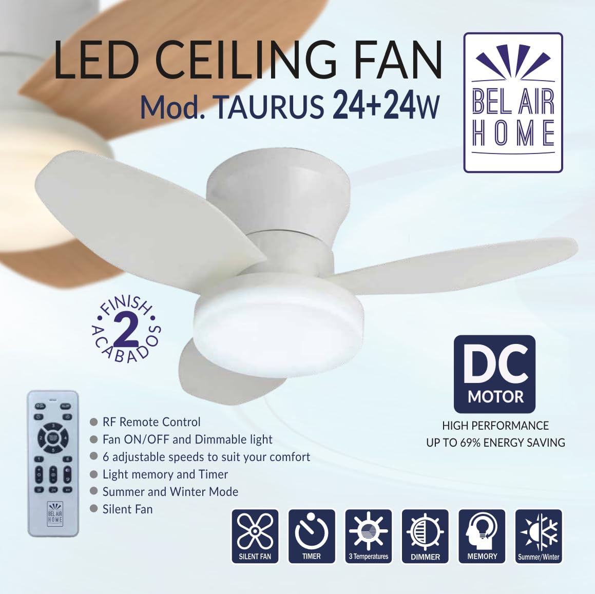 BEL AIR HOME - Ventilatore da soffitto TAURUS con motore DC e luce LED 24 W, 6 velocità dell'aria e 3 temperature di luce, telecomando incluso, (bianco)