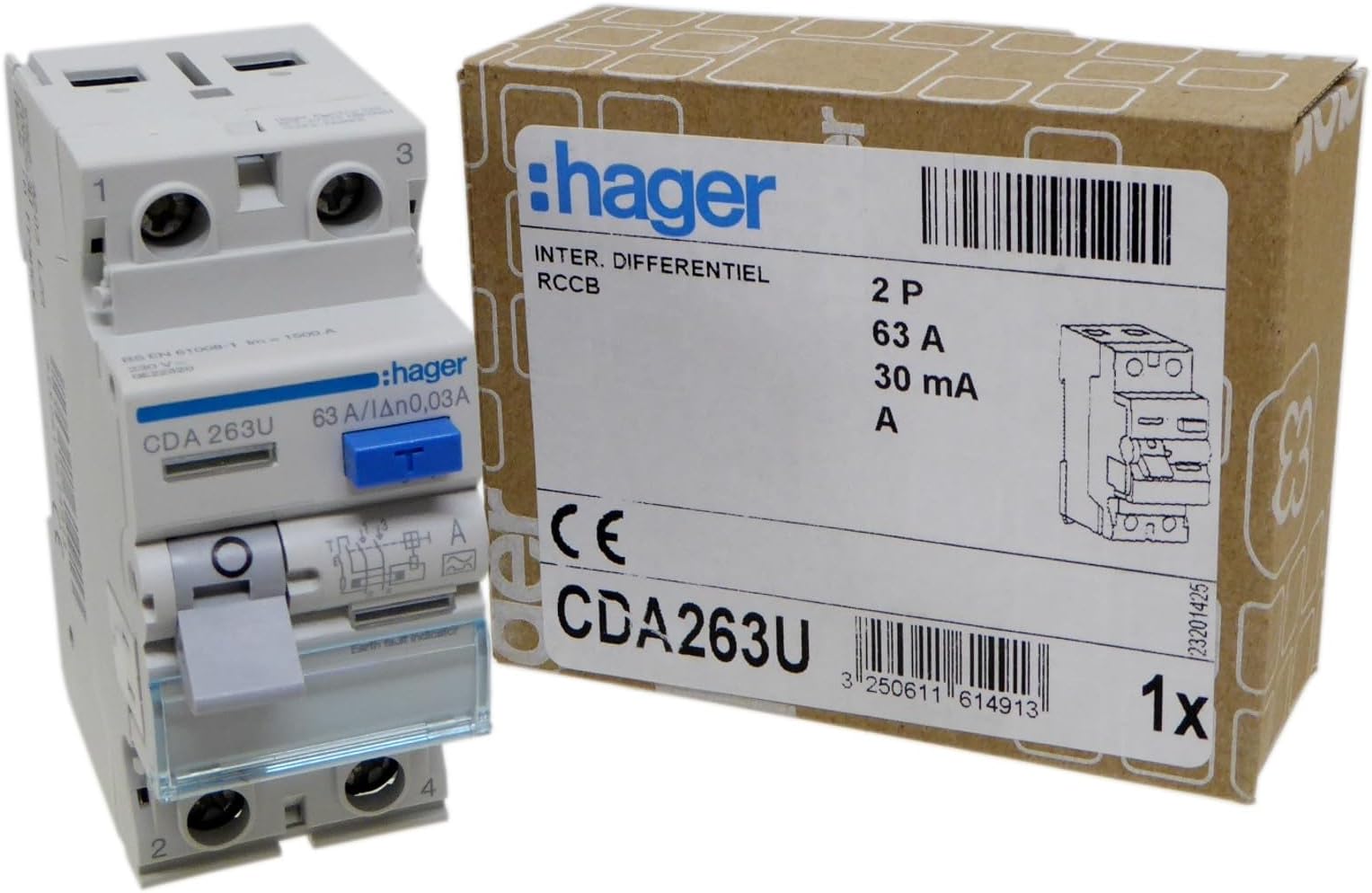 Hager CDA263U 63A RCD 2 Pole 30mA