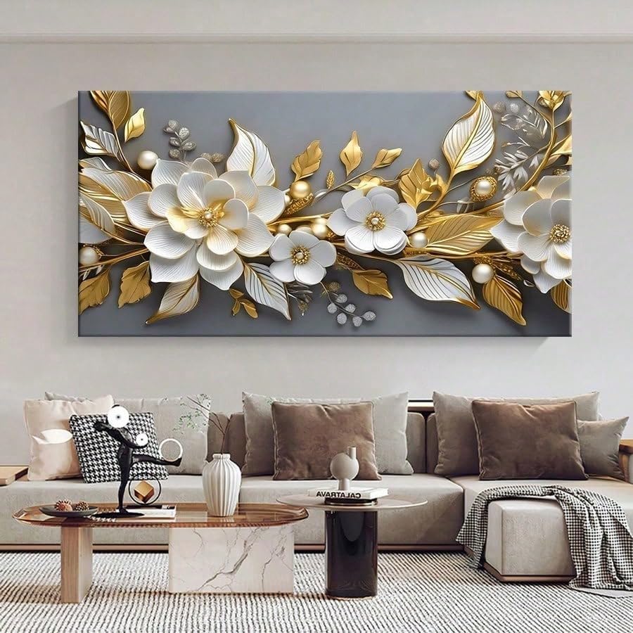 Décoration murale fleurs blanches grand format et affiche moderne salon 75 x 150 - 2