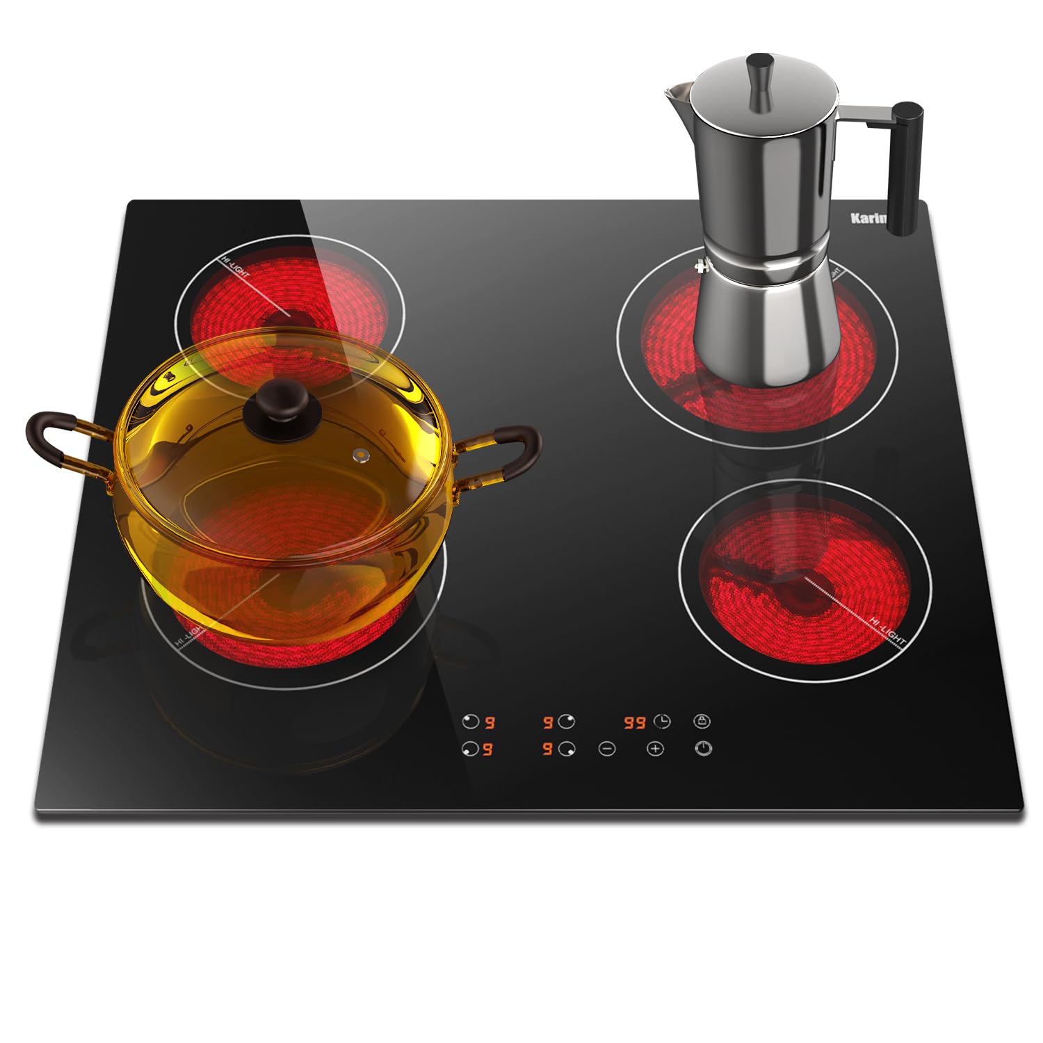 Drop-in 4 Burner Electric Cooktop 24 Inch Radiant Cooktop, Electric Stove Top with Residual Heat Indicator, Child Safety Lock, Timer, 220-240V, 6000W, Hard Wire(No Plug)