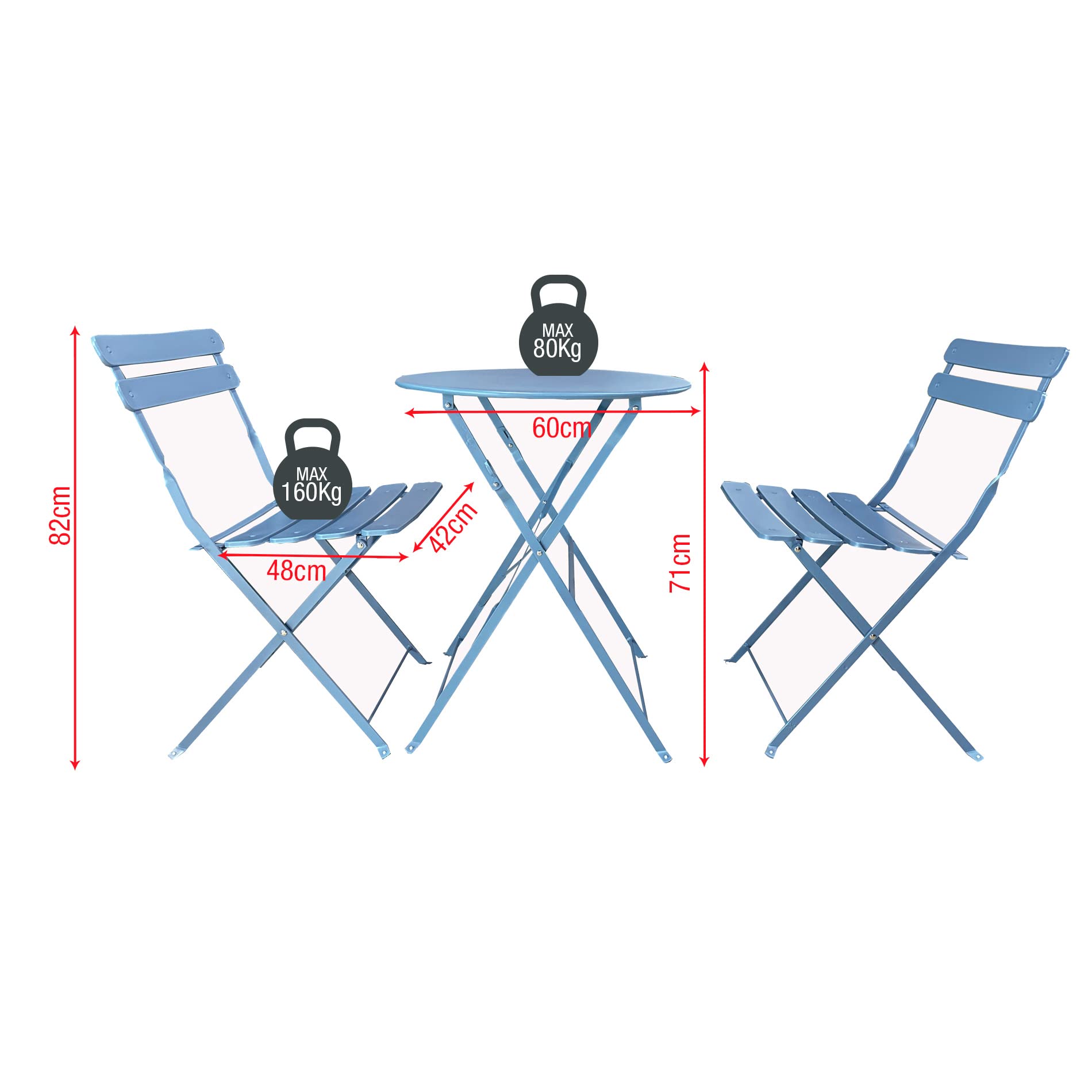 Rebecca Mobili Set Bistro Tavolino con 2 Sedie da Balcone Azzurro Acciaio Antiruggine 71x60x60 cm