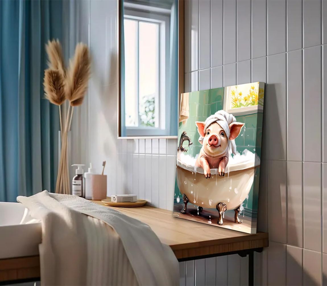 Funny Bathroom Pig Wall Art,Pink Pig Canvas Wall Art,Rustic Farmhouse Bathroom Wall Decor Framed Funny Animal Pictures Wall Decor for Kids Restroom Home Decor 12''x16''inch