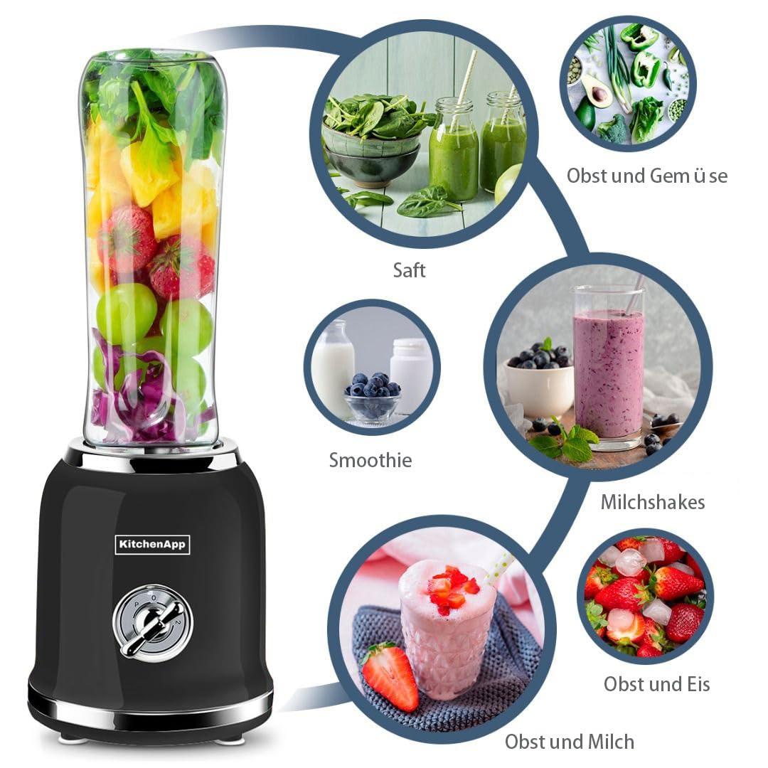 Batidora retro para hacer smoothie (2 botellas, 300 W, sin BPA), color negro