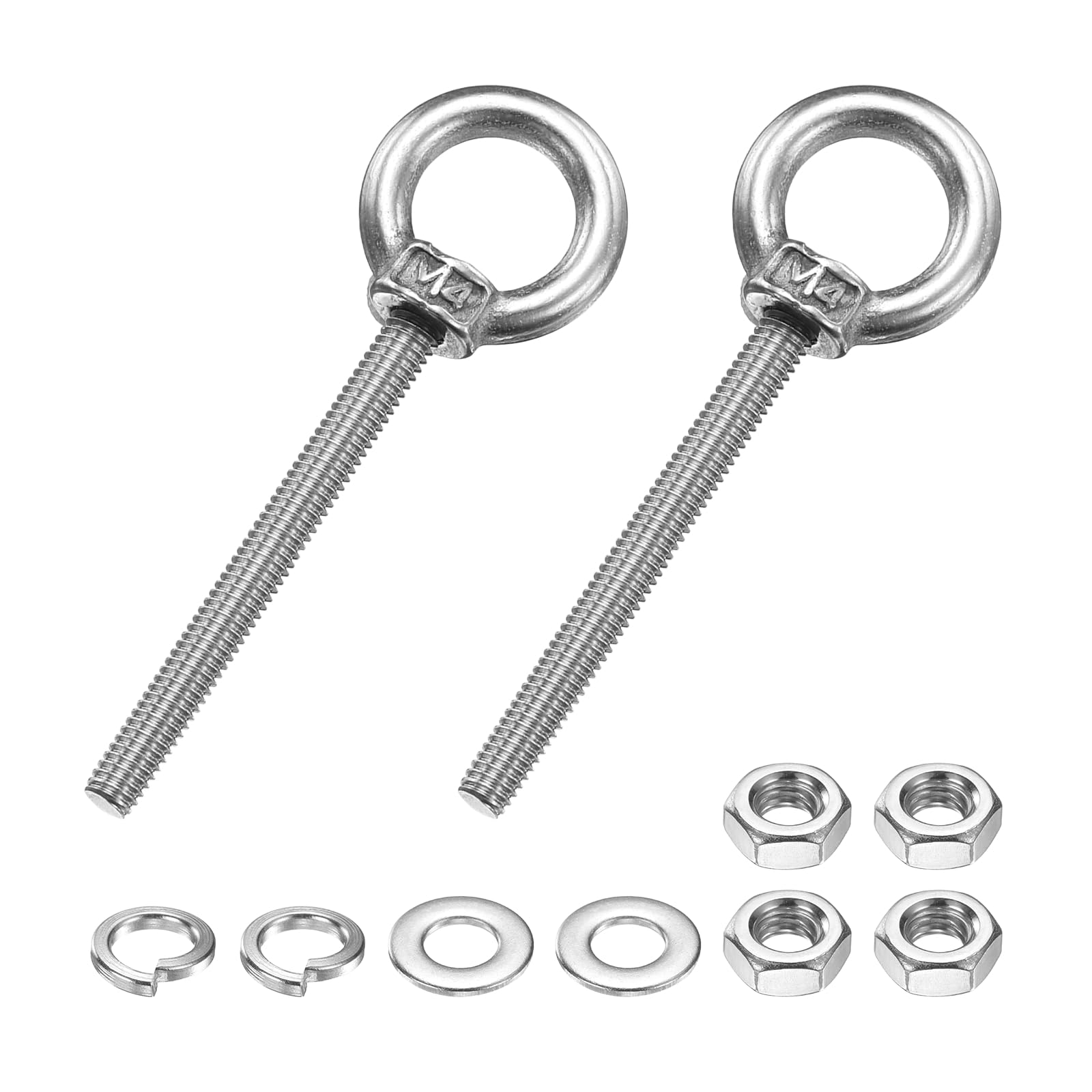 PATIKIL M4 x 40mm Eye Bolt, 2 Pcs 304 Stainless Steel Thread Lifting Ring Set Shoulder Eyebolt with Lock Nuts Flat Washers for Hanging Hammocks Articles, Silver