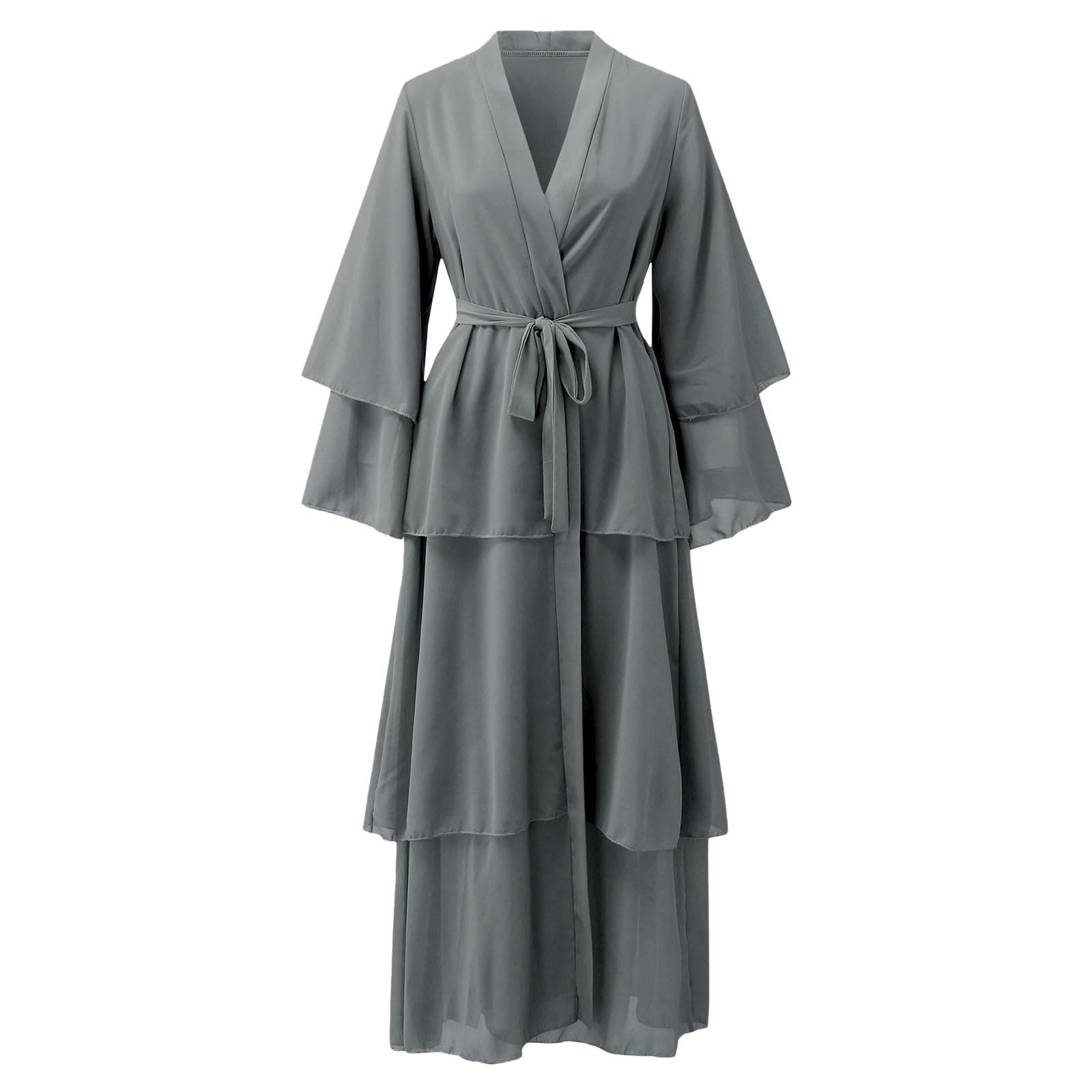 Damska muzułmańska sukienka Abaya, długi rękaw, dekolt w serek, maxi kaftan z paskiem, elegancki szyfonowy szlafrok na modlitwę i ramadan, skromny strój islamski, miękka, nieprzezroczysta tkanina