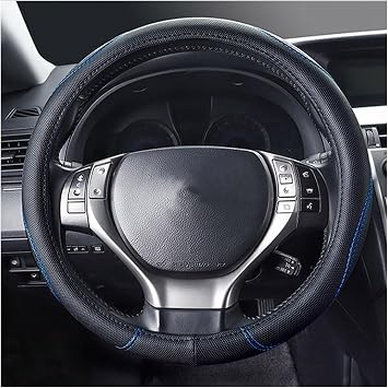Car Steering Wheel Cover, Non-Slip Breathable Leather Auto Wheel Cover, Durable Driving Comfort Vehicle Interior Steering Protector Accessories for Men Women, Universal Fit Black/Blue