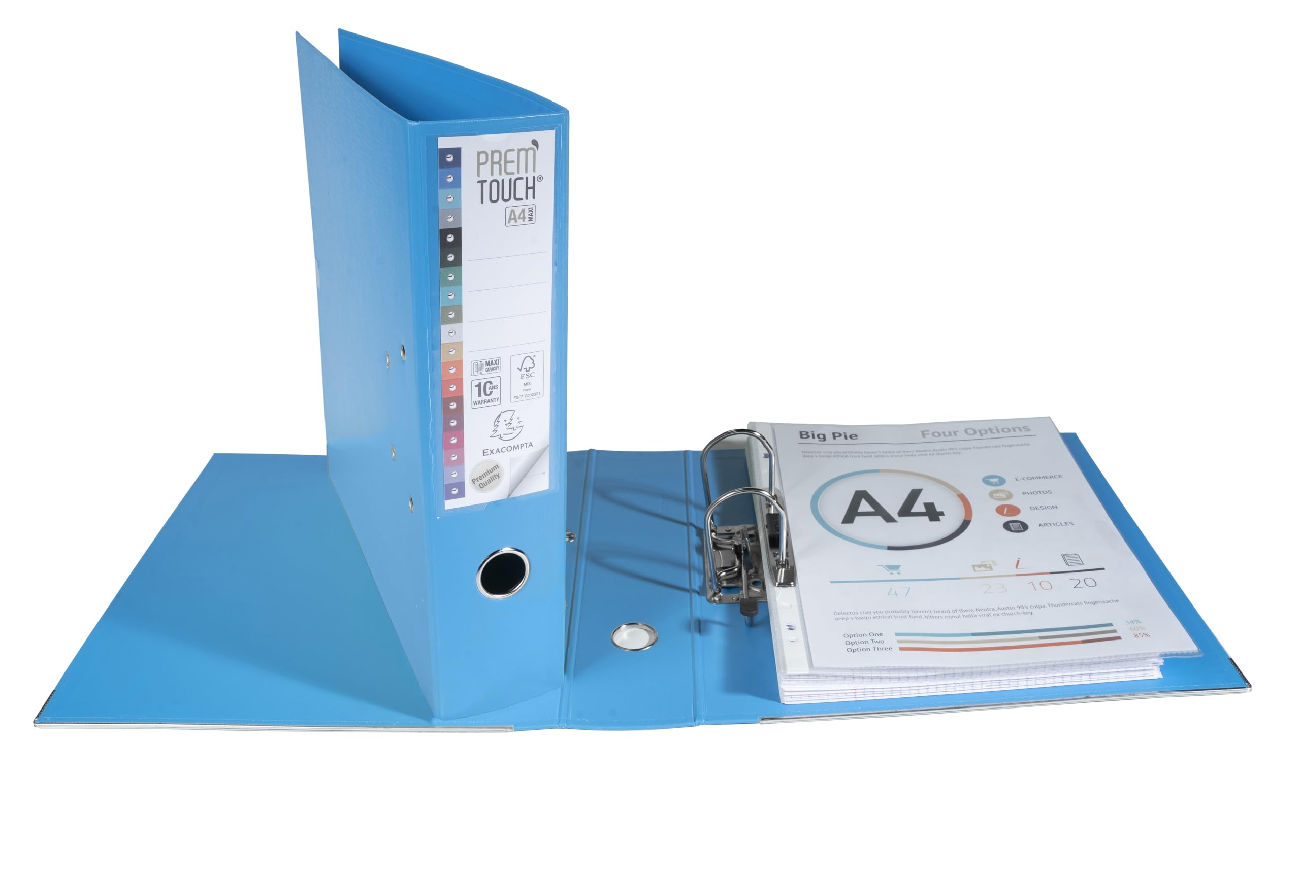 Exacompta - Réf. 53302E - Carton de 10 classeurs à levier A4 MAXI Prem'Touch - Dos 80 mm - Mécanique 80 mm - Dimensions extérieures : 32 x 30 x 8 cm - Format à classer A4 Maxi - Coloris : Bleu clair