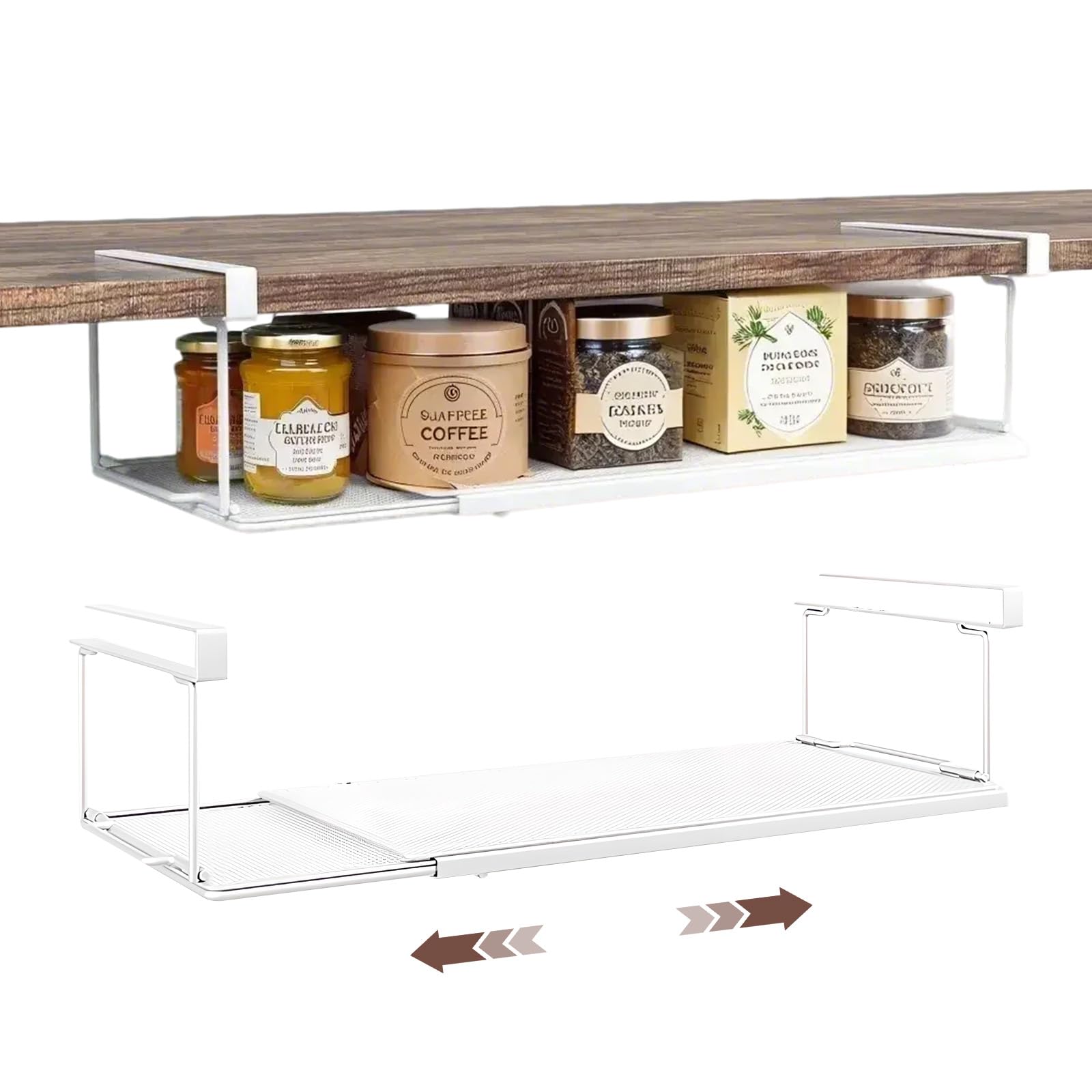 Cestello Sottoripiano Estensibile in Metallo, Organizzatore Sospeso senza Forature per Cucina, Ufficio, Dispensa e Armadio, Standard, Bianco