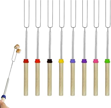 8 Pack Marshmallow Roasting Sticks, 8 Colors Extra Long 32 Smores Extendable Telescoping Sticks, Stainless Steel Hot Dog Forks Kit for Fire Pit, Kids Safe Barbecue Forks for Campfire, Bonfire Grill