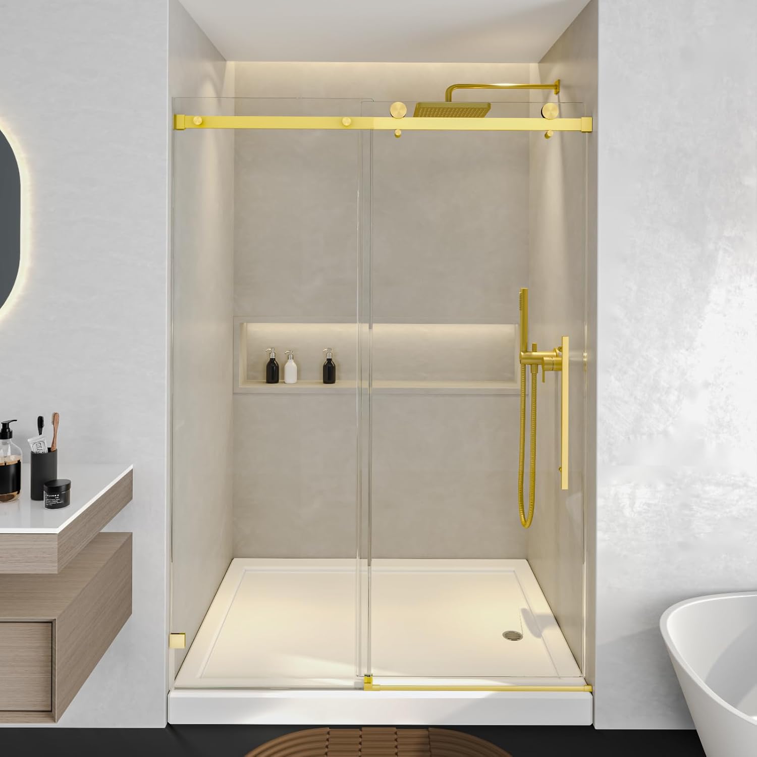 Frameless Sliding Shower Door, 55-60 in. W x 76 in. H Bathroom Glass Shower Door, 5/16" (8mm) Clear Tempered Glass with Explosion-Proof FilmNano Coating (Brushed Gold W60 xH76)