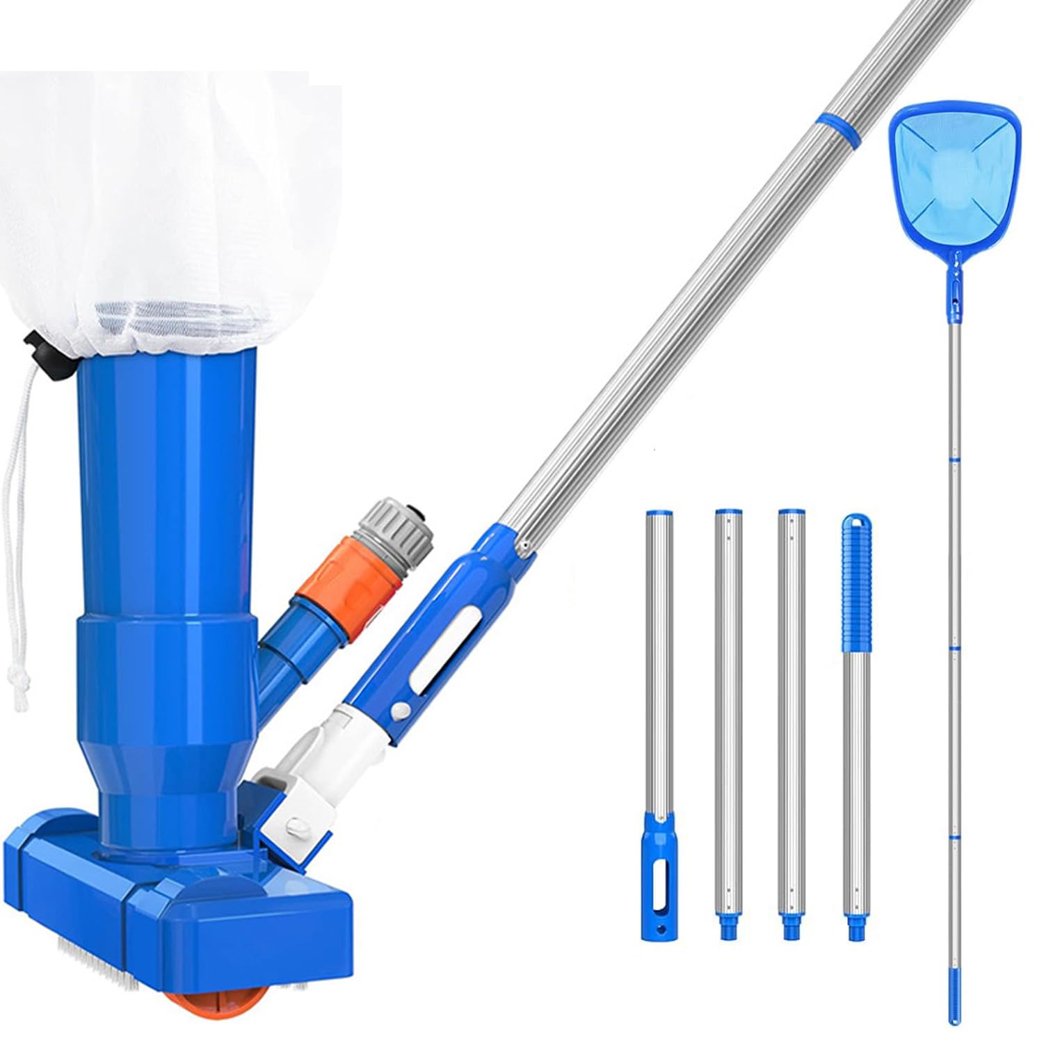 RXXR Handheld Pool Vacuums with Brush and Net Upgraded Pool Vacuum Cleaner Swimming Pool Skimmer Net Set with 4 Pole Section of 63", Pool Cleaning Kit Above Ground Pool Vacuum (Pool Jet Cleaner)