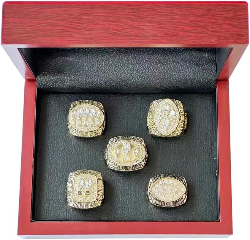 DmiTesoros NATIONAL FOOTBALL CHAMPIONSHIP RING 1981 1984 1988 1989 1994 49ers ，5 CHAMPIONSHIP RINGS WITH WOOD BOX GIFT FOR 49ERS FANS